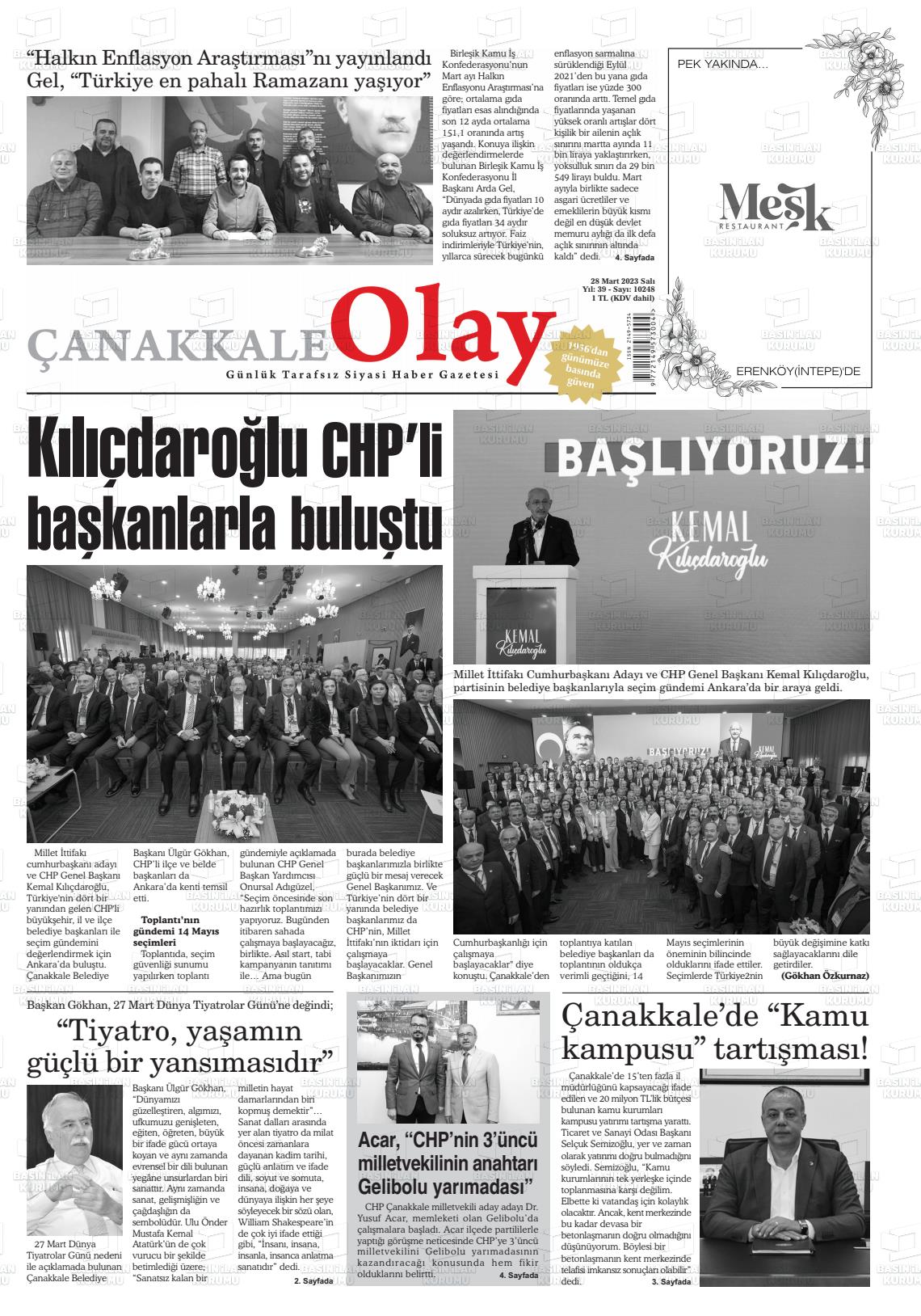28 Mart 2023 Çanakkale Olay Gazete Manşeti