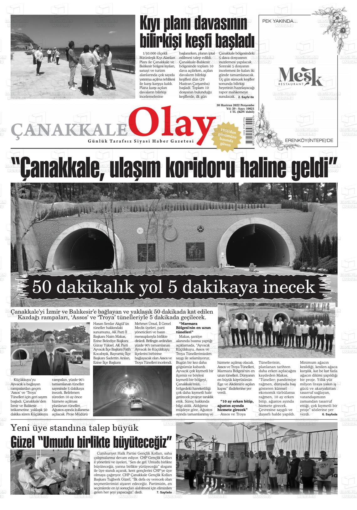 02 Temmuz 2022 Çanakkale Olay Gazete Manşeti