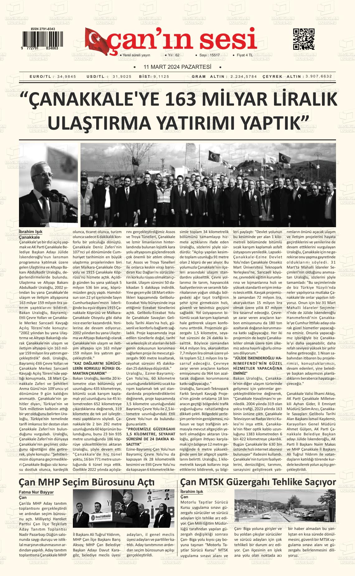 11 Mart 2024 Çanın Sesi Gazete Manşeti
