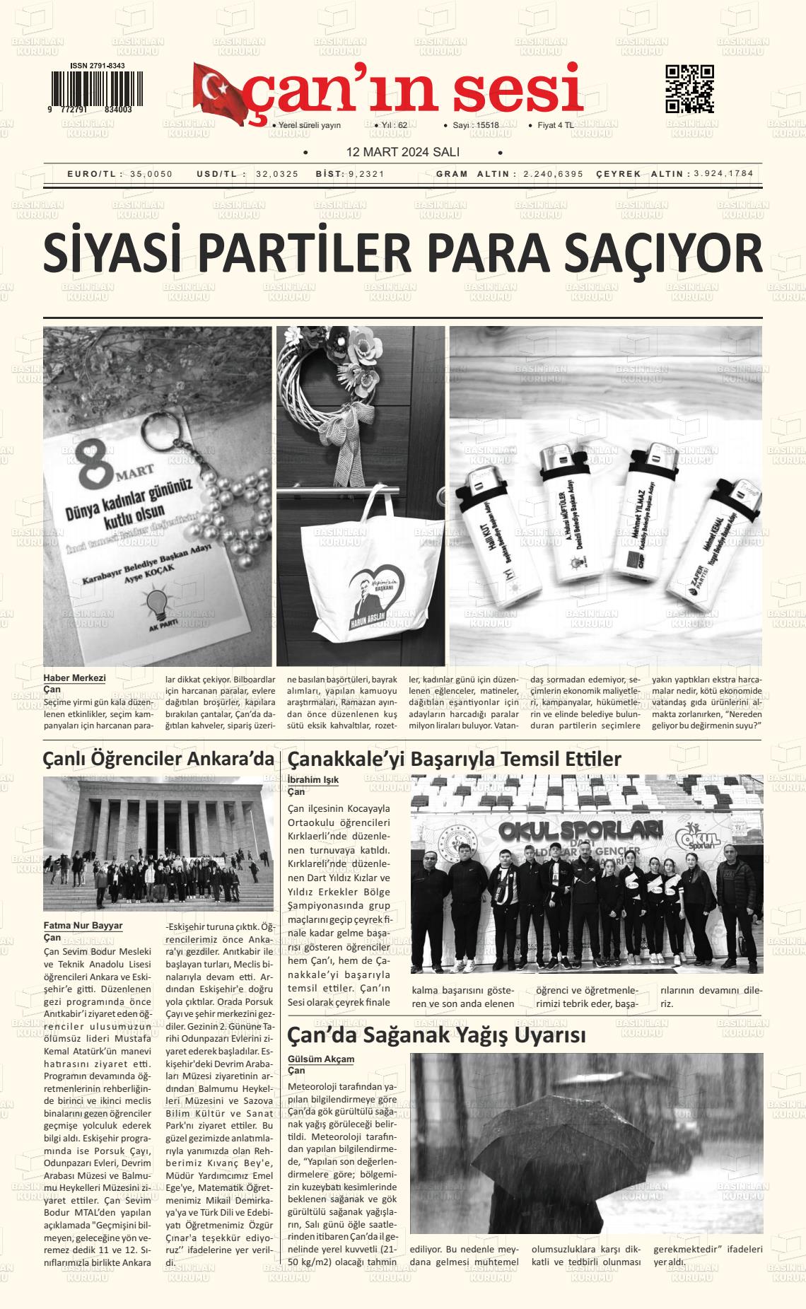 12 Mart 2024 Çanın Sesi Gazete Manşeti
