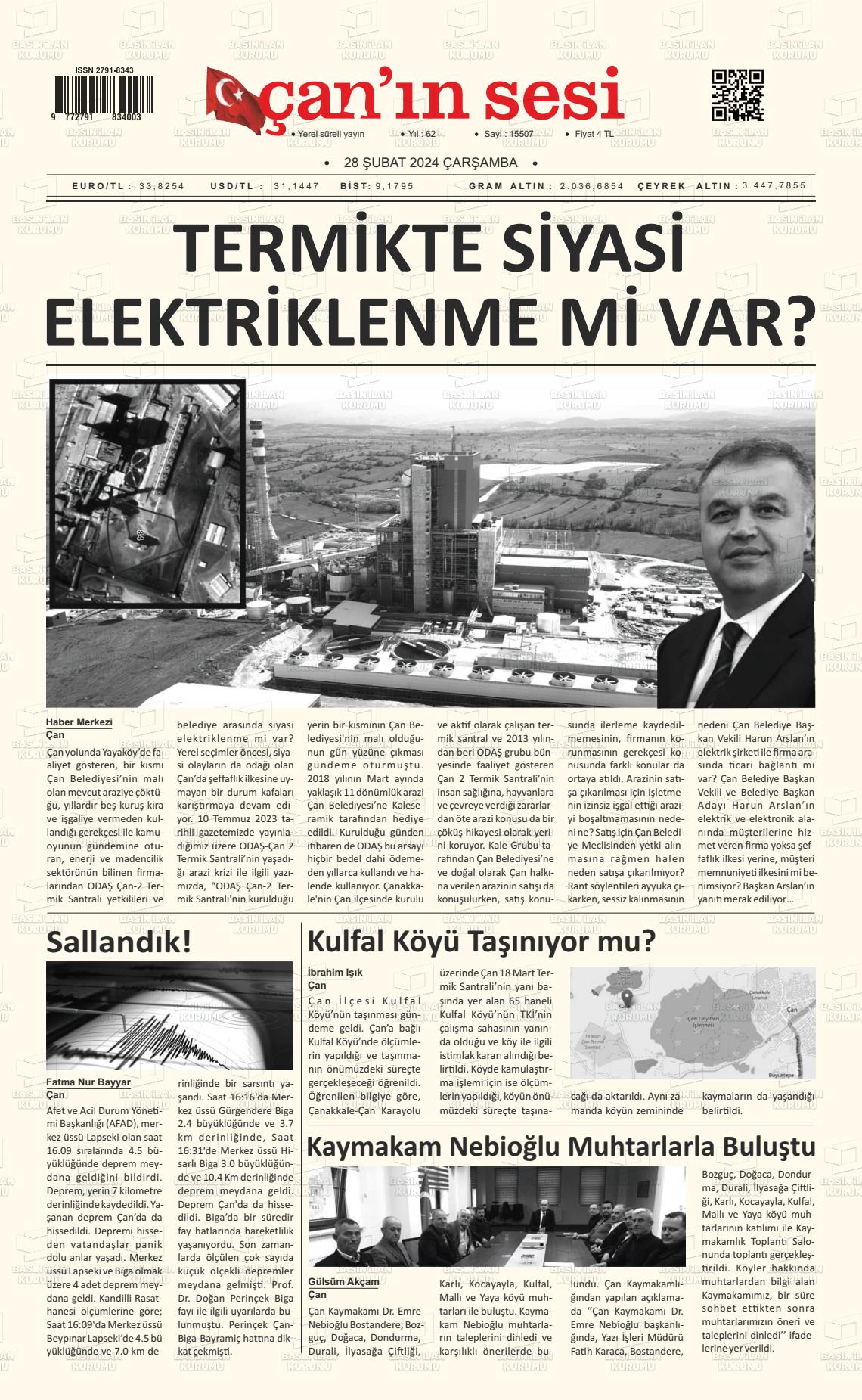 28 Şubat 2024 Çanın Sesi Gazete Manşeti