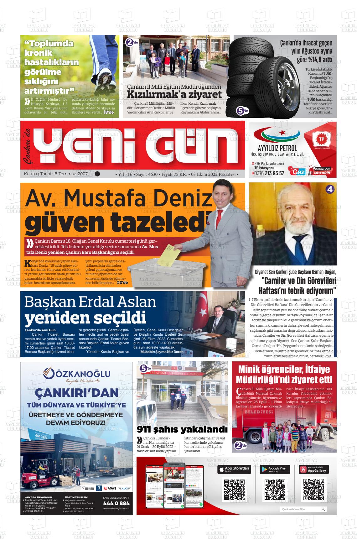 03 Ekim 2022 Çankırıda Yenigün Gazete Manşeti