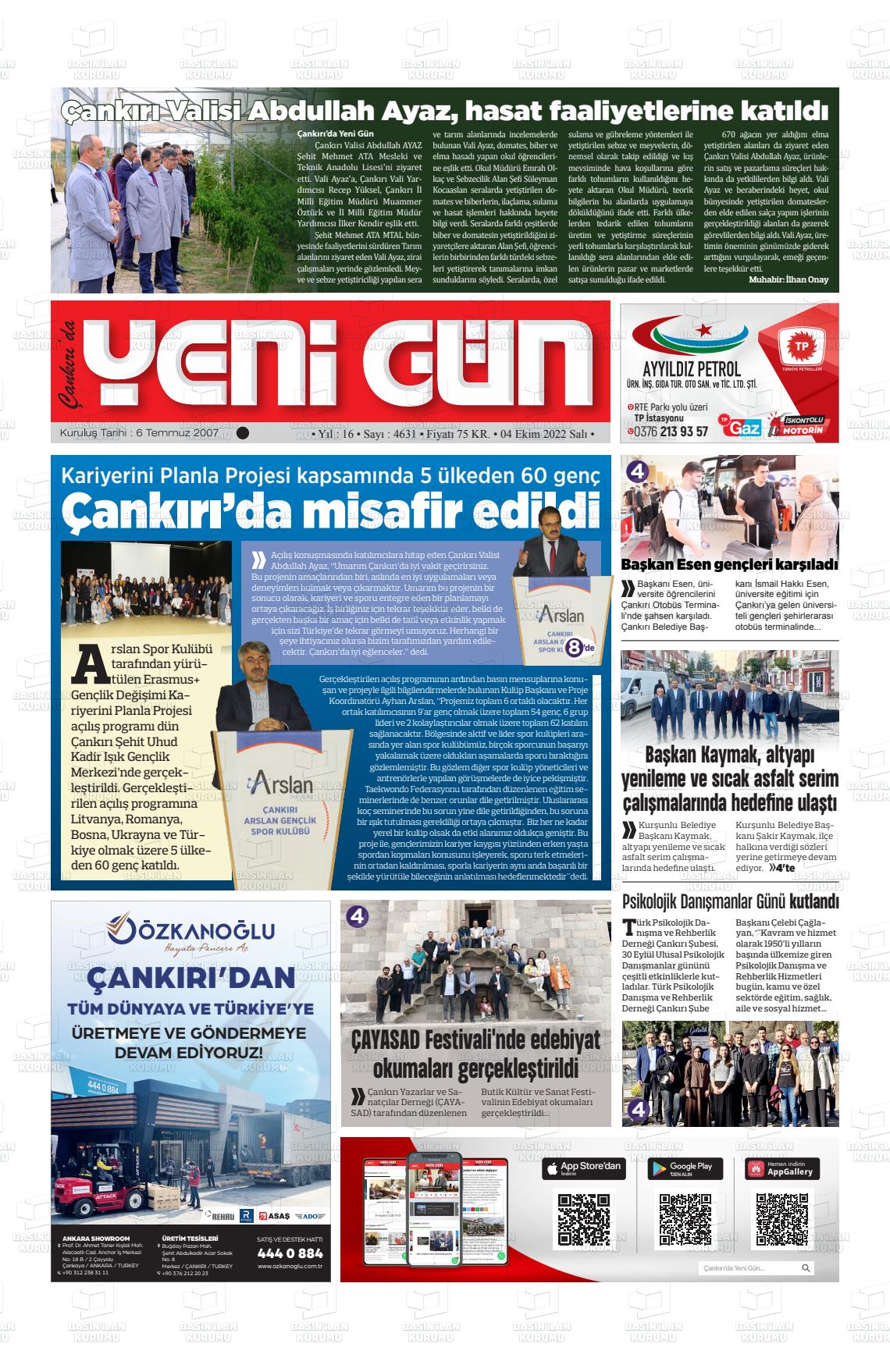 04 Ekim 2022 Çankırıda Yenigün Gazete Manşeti