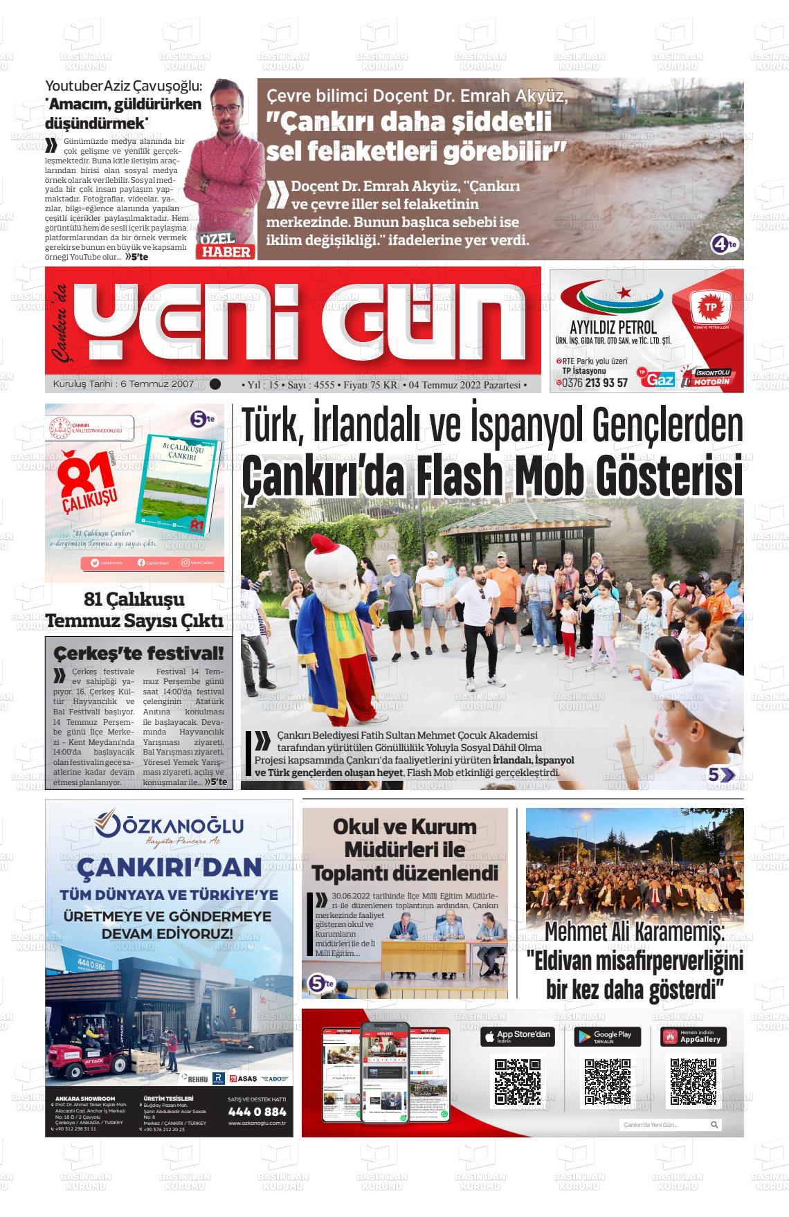 04 Temmuz 2022 Çankırıda Yenigün Gazete Manşeti