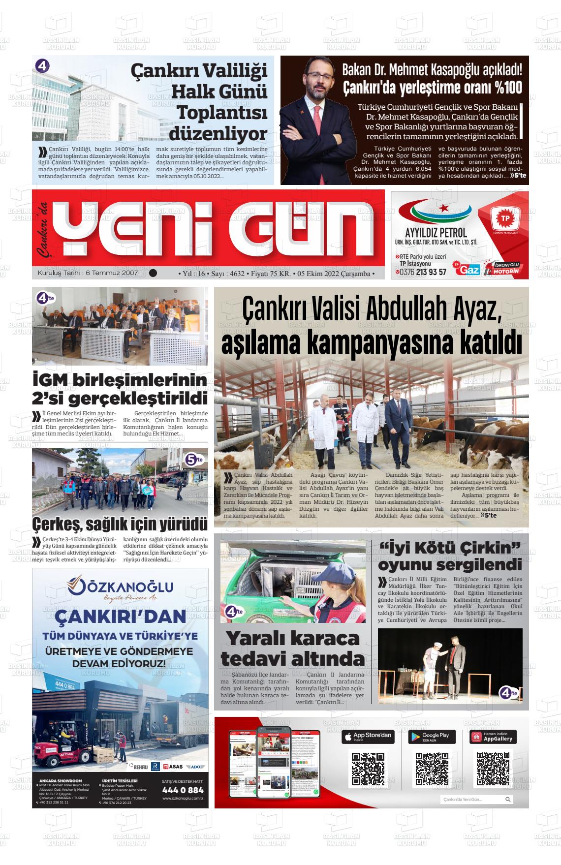 05 Ekim 2022 Çankırıda Yenigün Gazete Manşeti