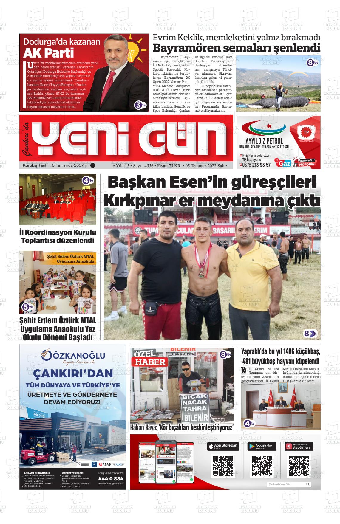 05 Temmuz 2022 Çankırıda Yenigün Gazete Manşeti