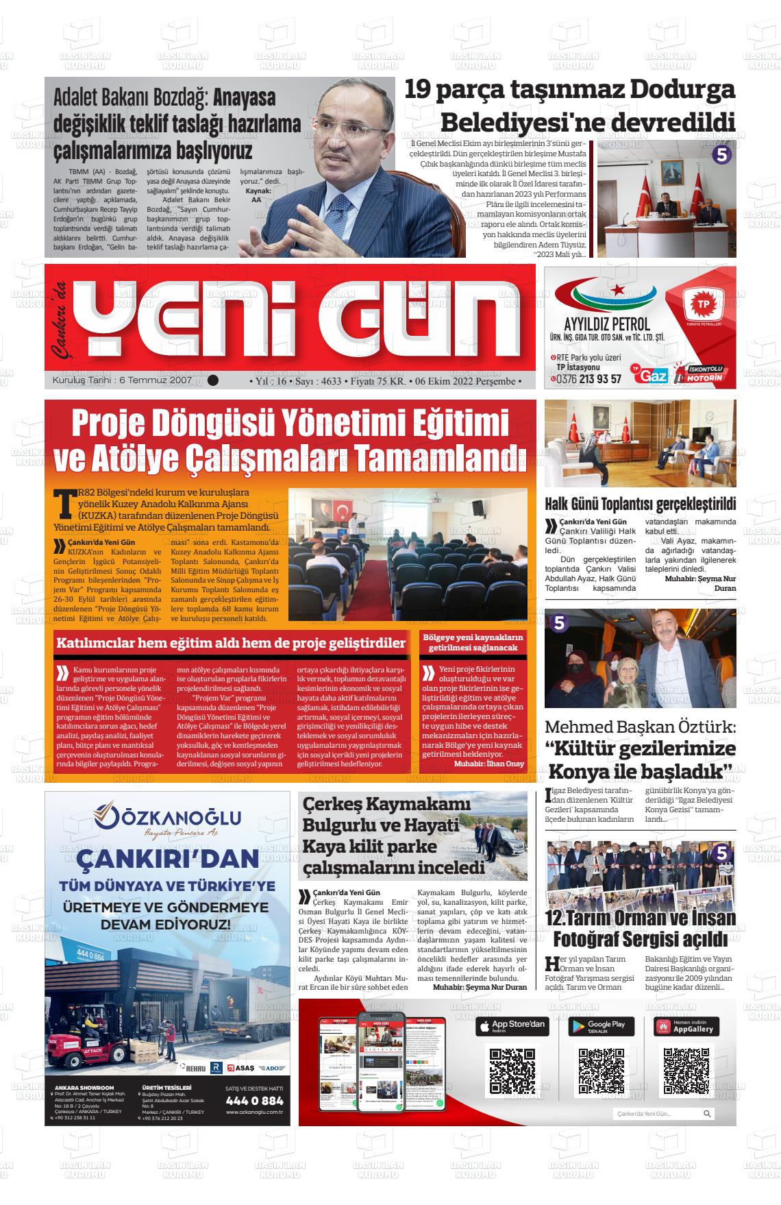 06 Ekim 2022 Çankırıda Yenigün Gazete Manşeti