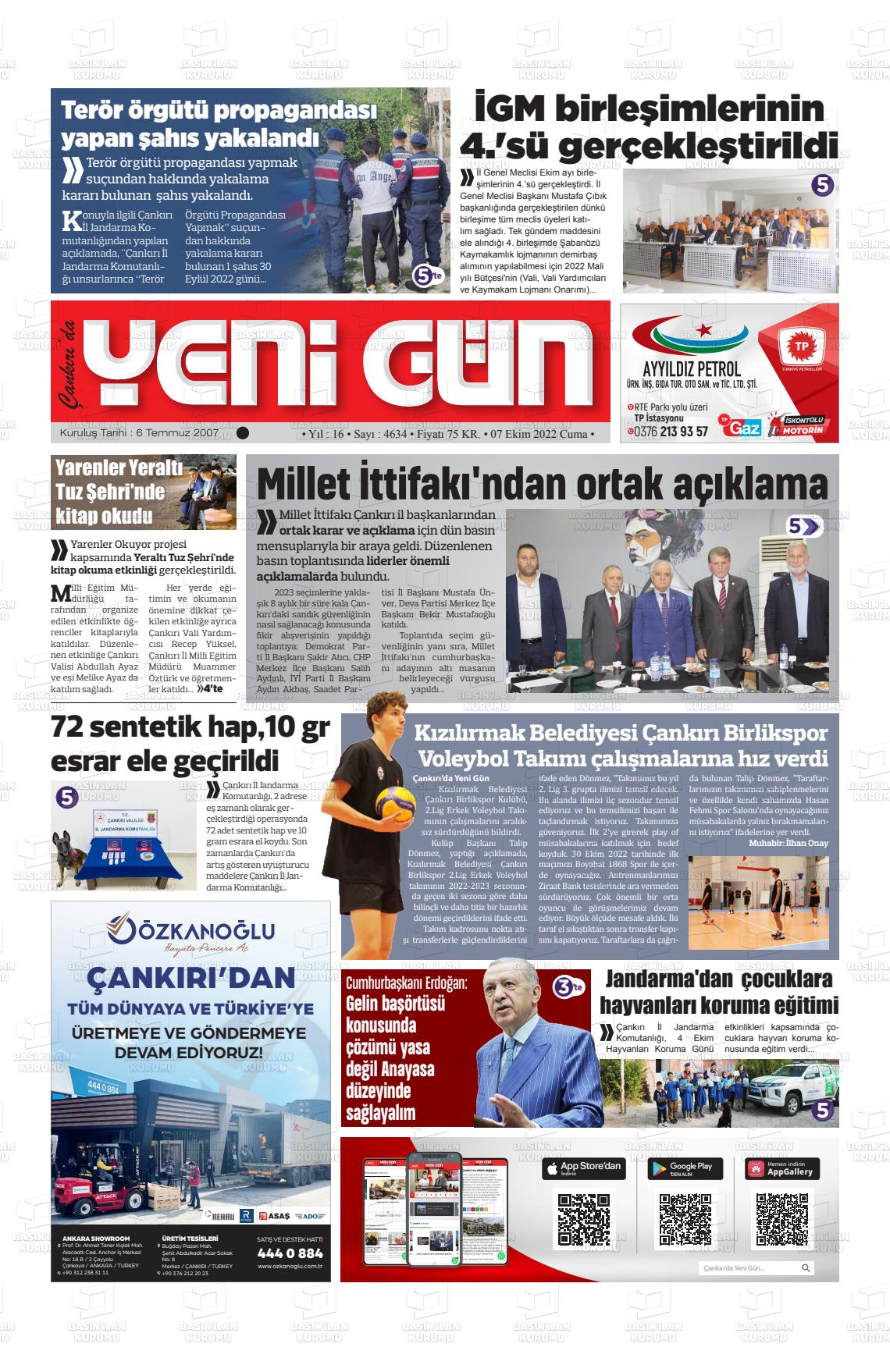 07 Ekim 2022 Çankırıda Yenigün Gazete Manşeti