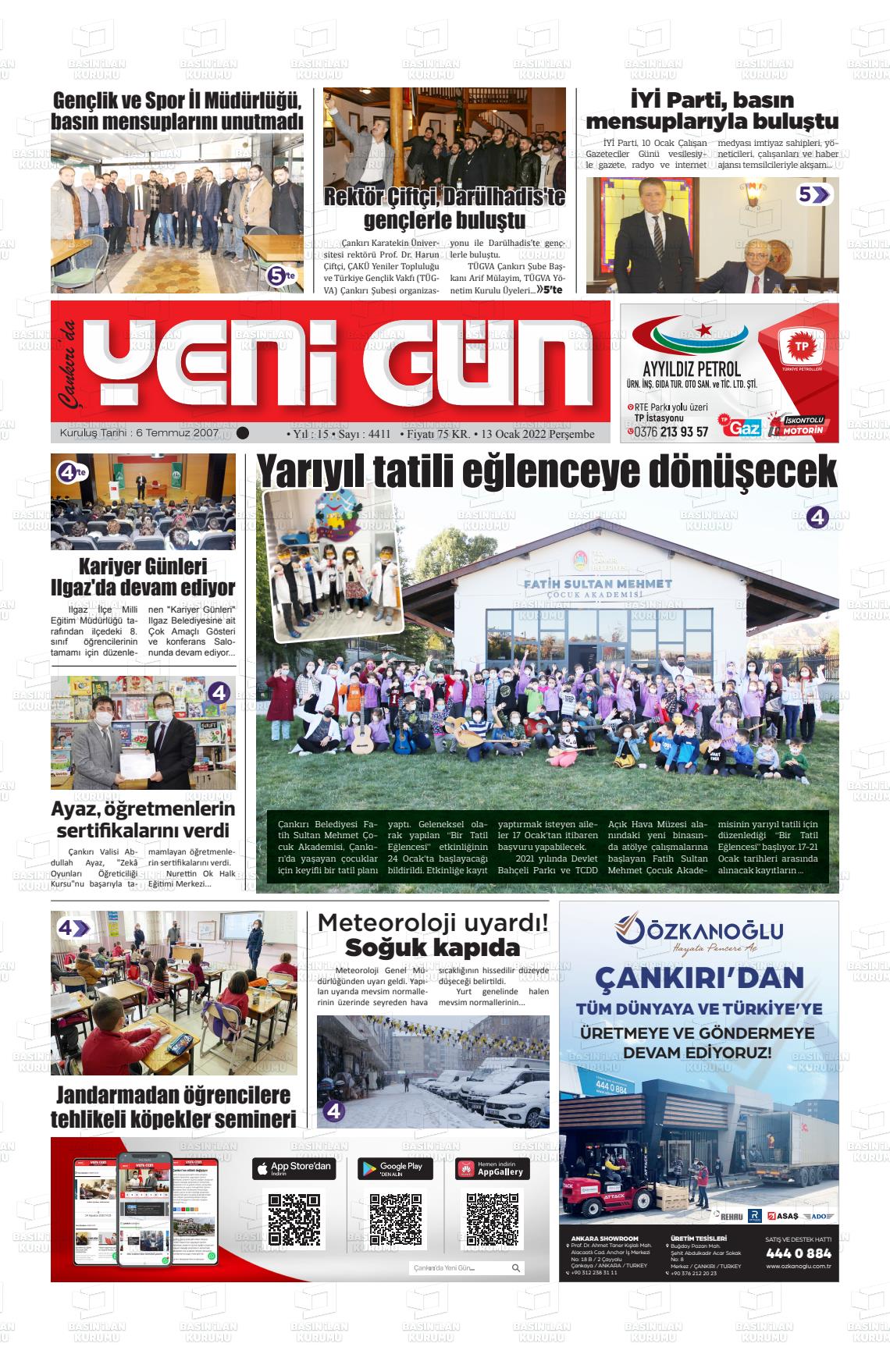 13 Ocak 2022 Çankırıda Yenigün Gazete Manşeti