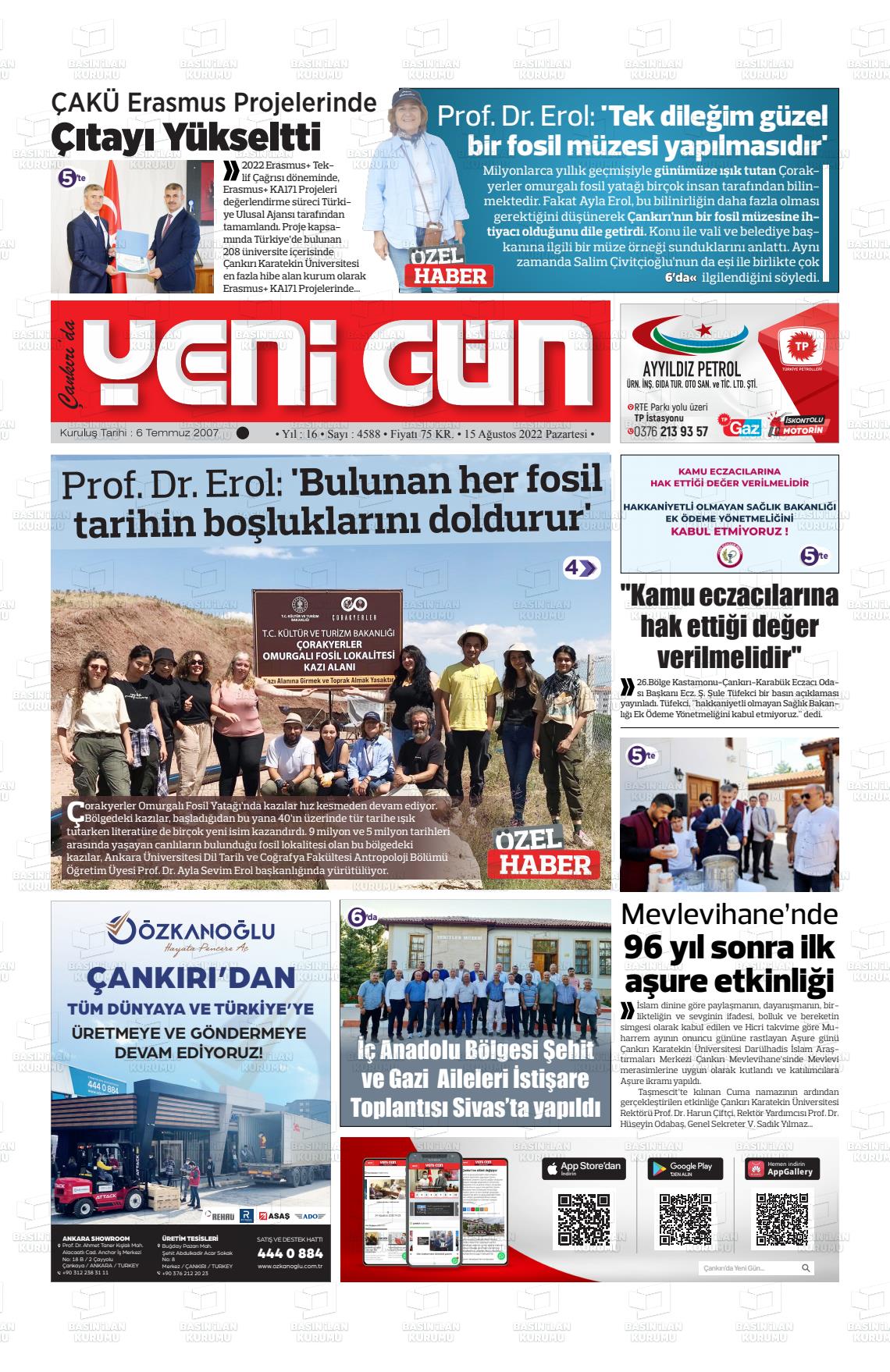 15 Ağustos 2022 Çankırıda Yenigün Gazete Manşeti