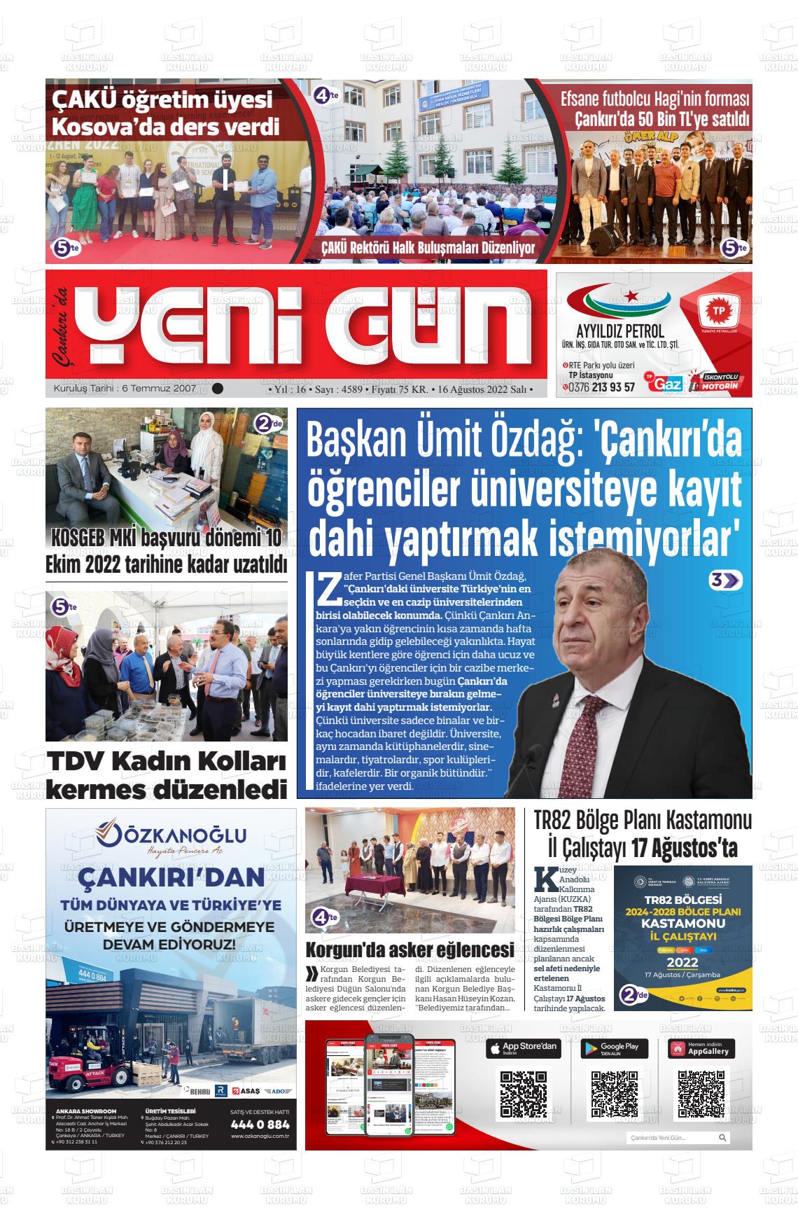 16 Ağustos 2022 Çankırıda Yenigün Gazete Manşeti