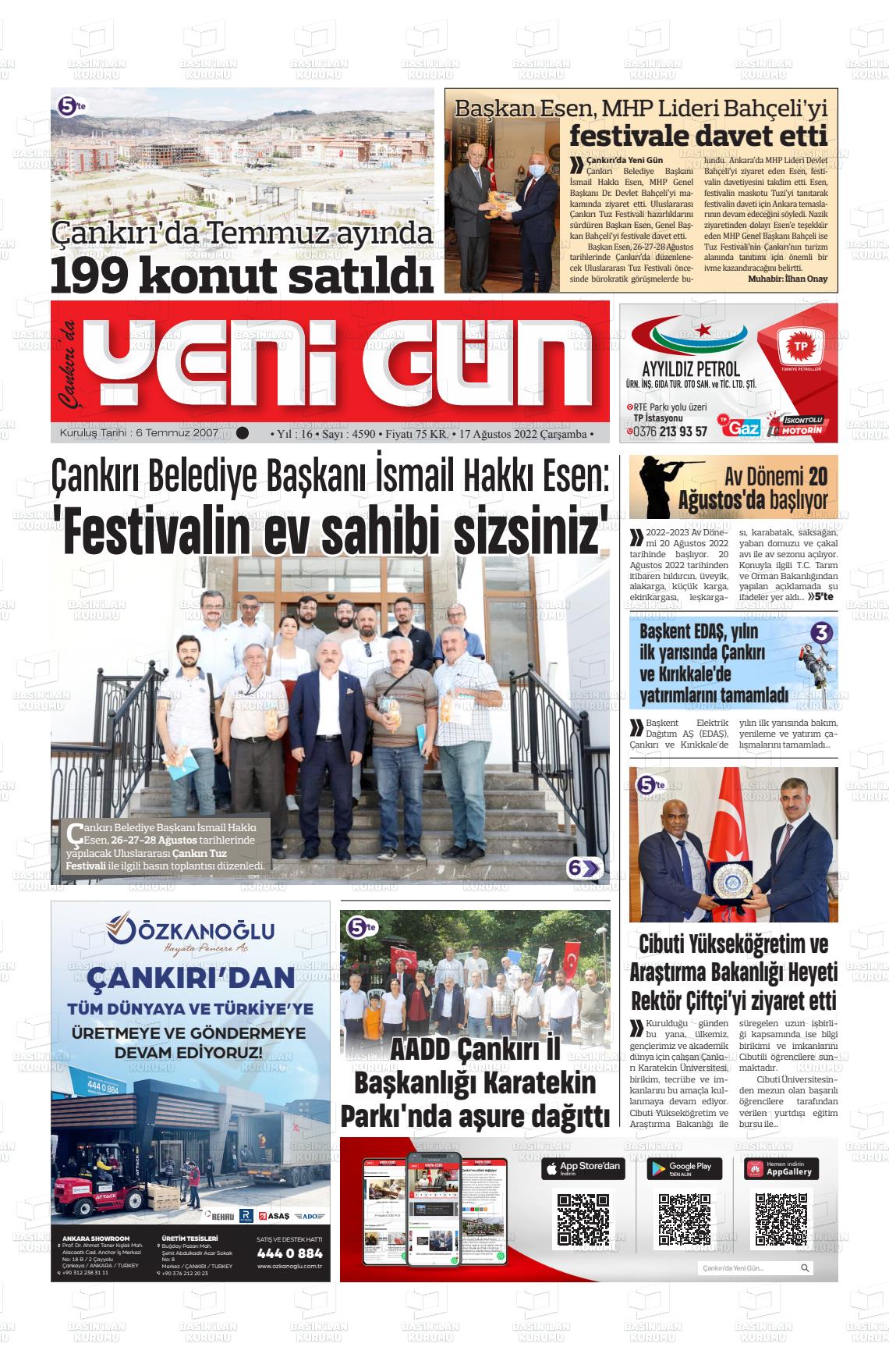 17 Ağustos 2022 Çankırıda Yenigün Gazete Manşeti