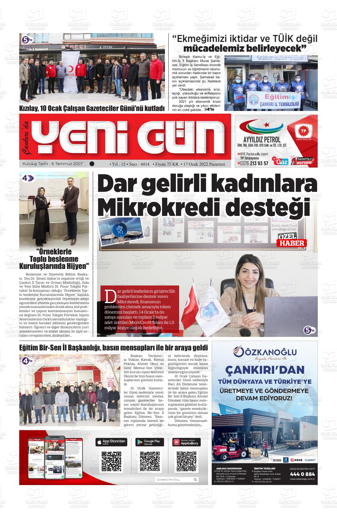 17 Ocak 2022 Çankırıda Yenigün Gazete Manşeti