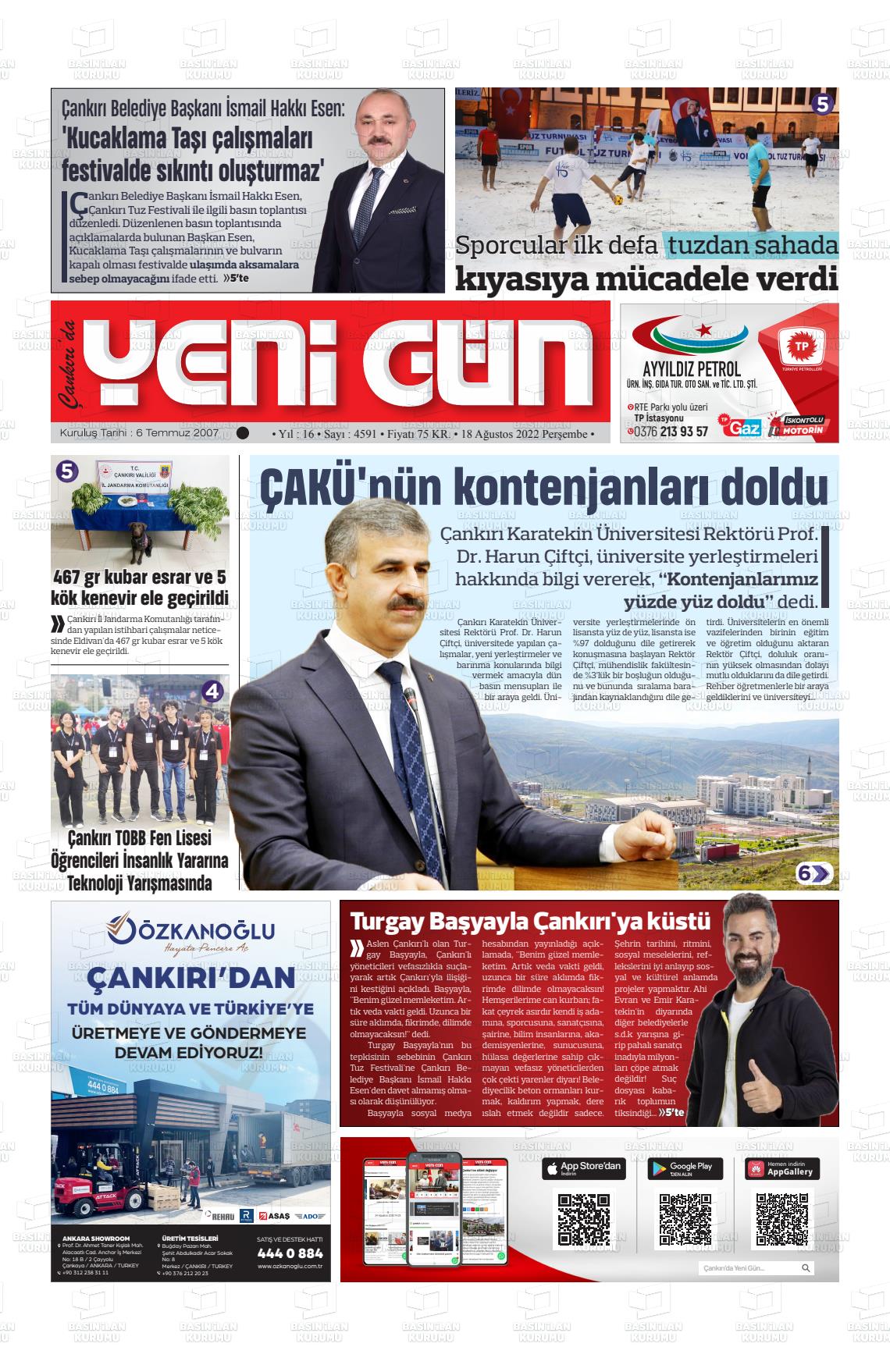 18 Ağustos 2022 Çankırıda Yenigün Gazete Manşeti