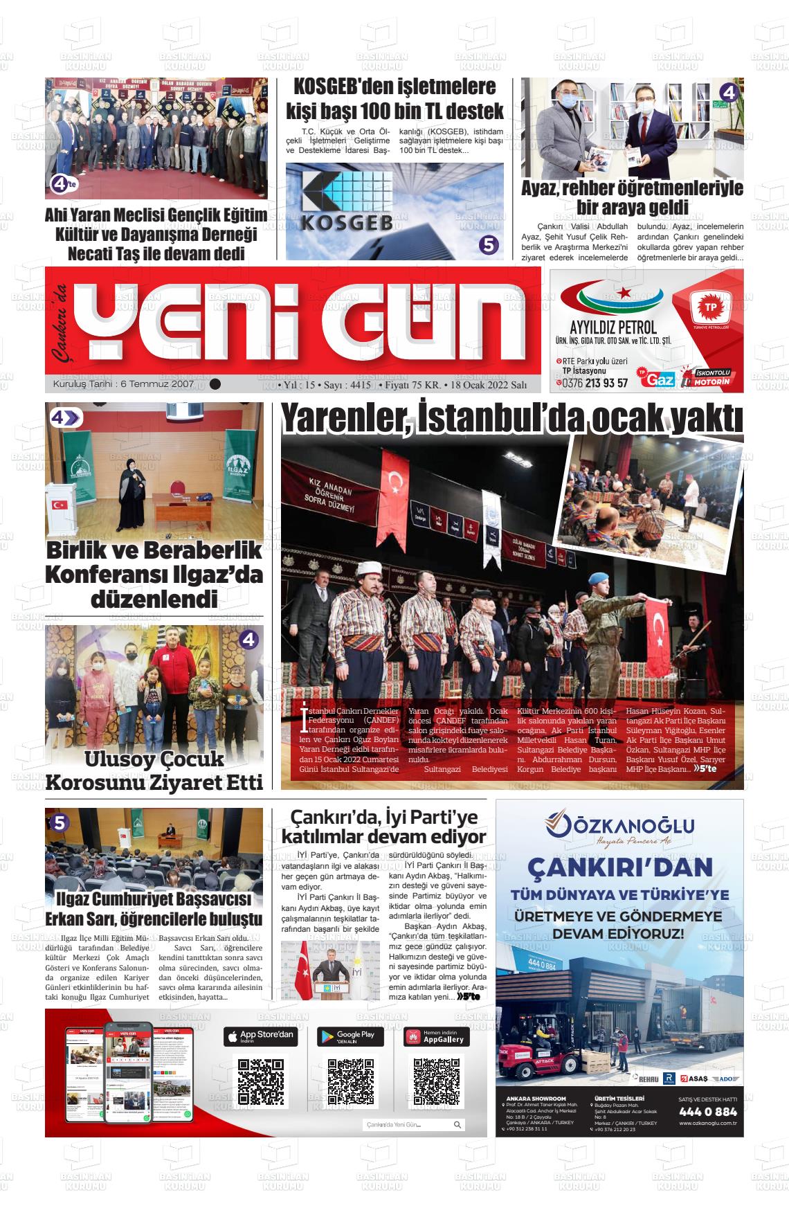 18 Ocak 2022 Çankırıda Yenigün Gazete Manşeti