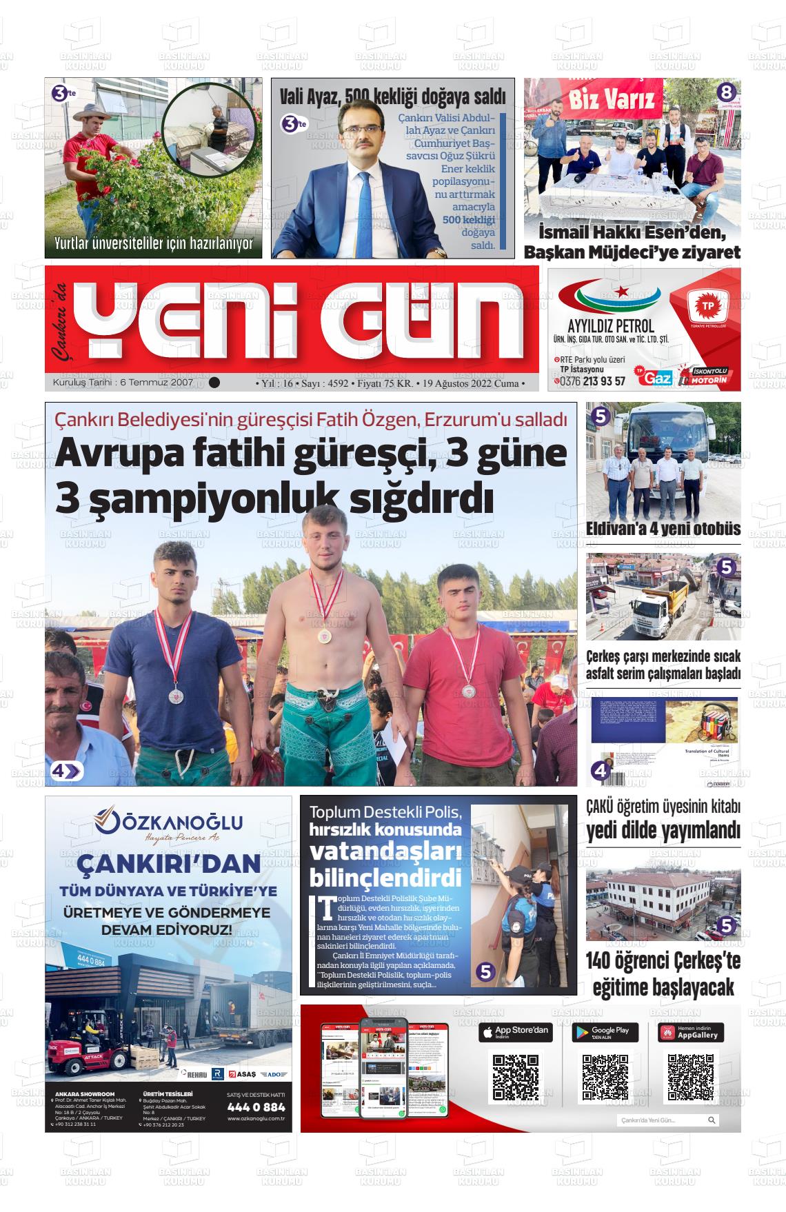 19 Ağustos 2022 Çankırıda Yenigün Gazete Manşeti