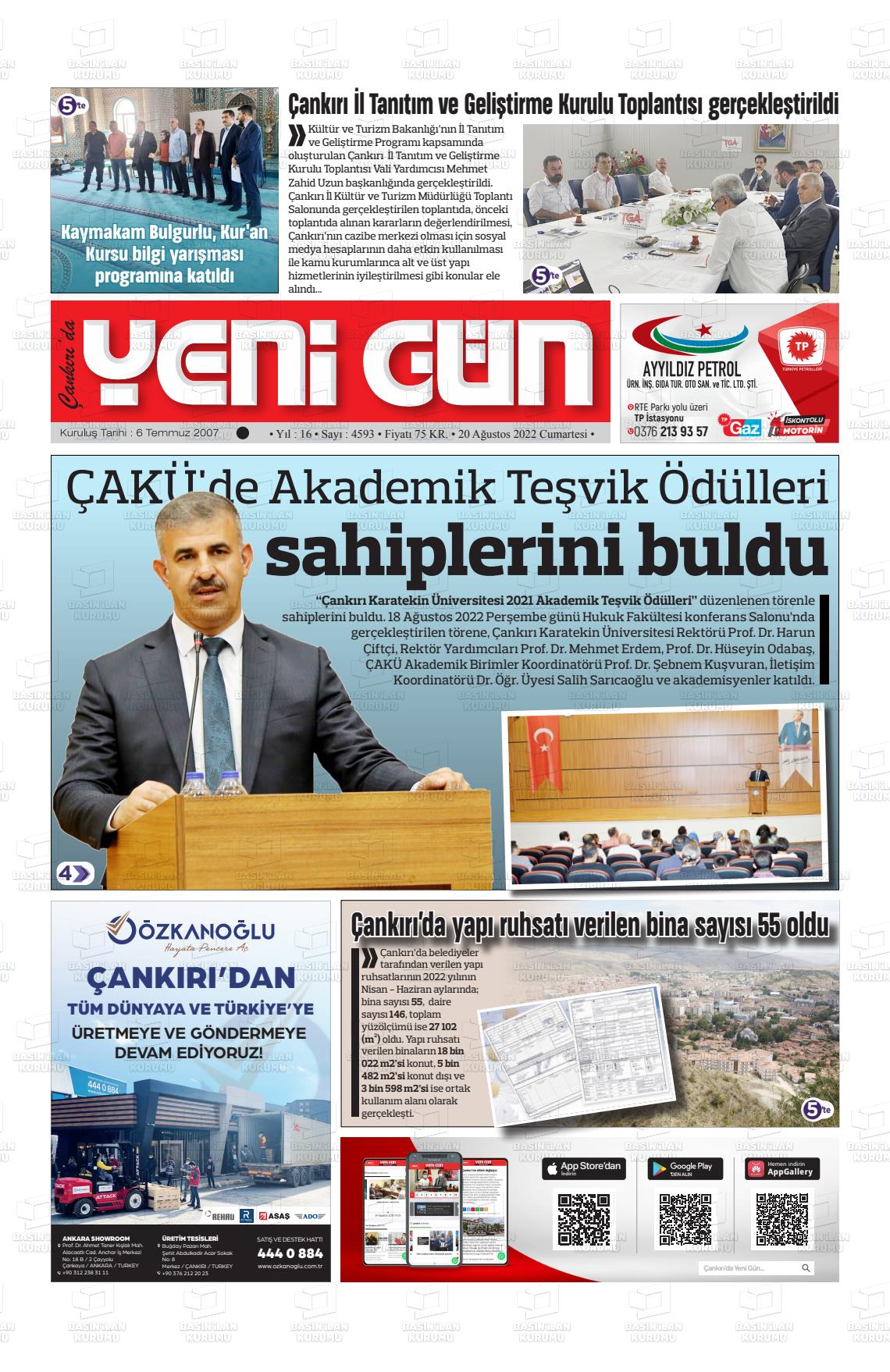 20 Ağustos 2022 Çankırıda Yenigün Gazete Manşeti