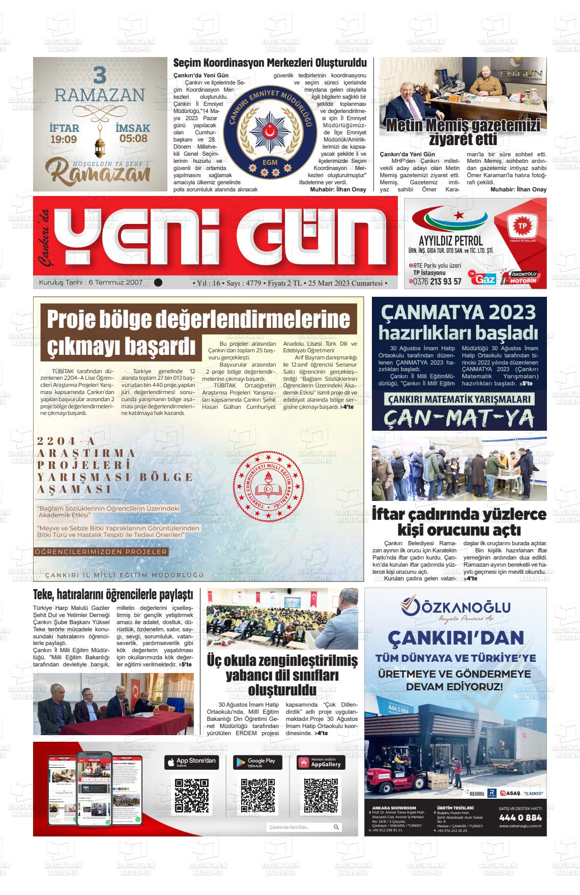 25 Mart 2023 Çankırıda Yenigün Gazete Manşeti