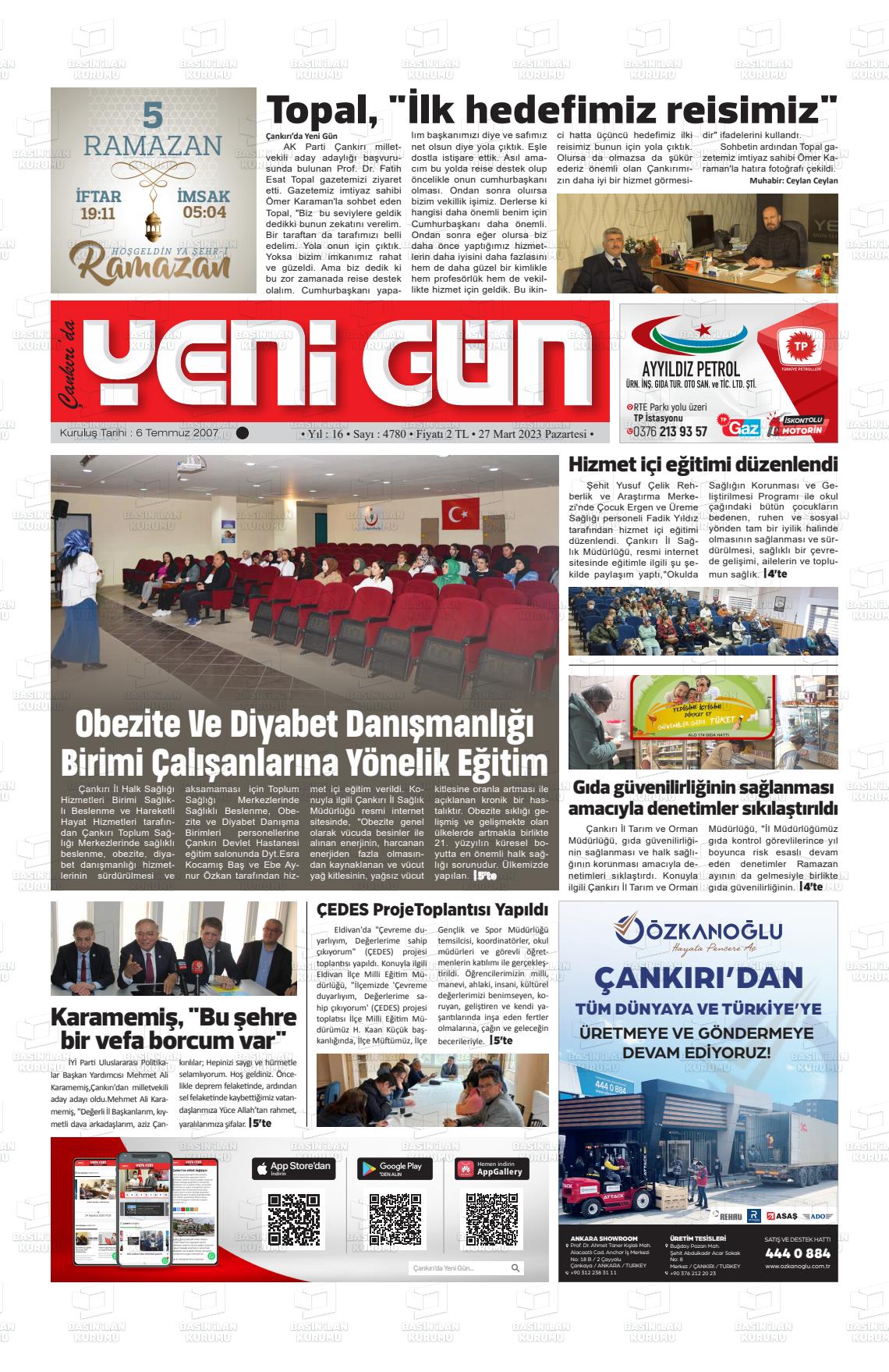 27 Mart 2023 Çankırıda Yenigün Gazete Manşeti