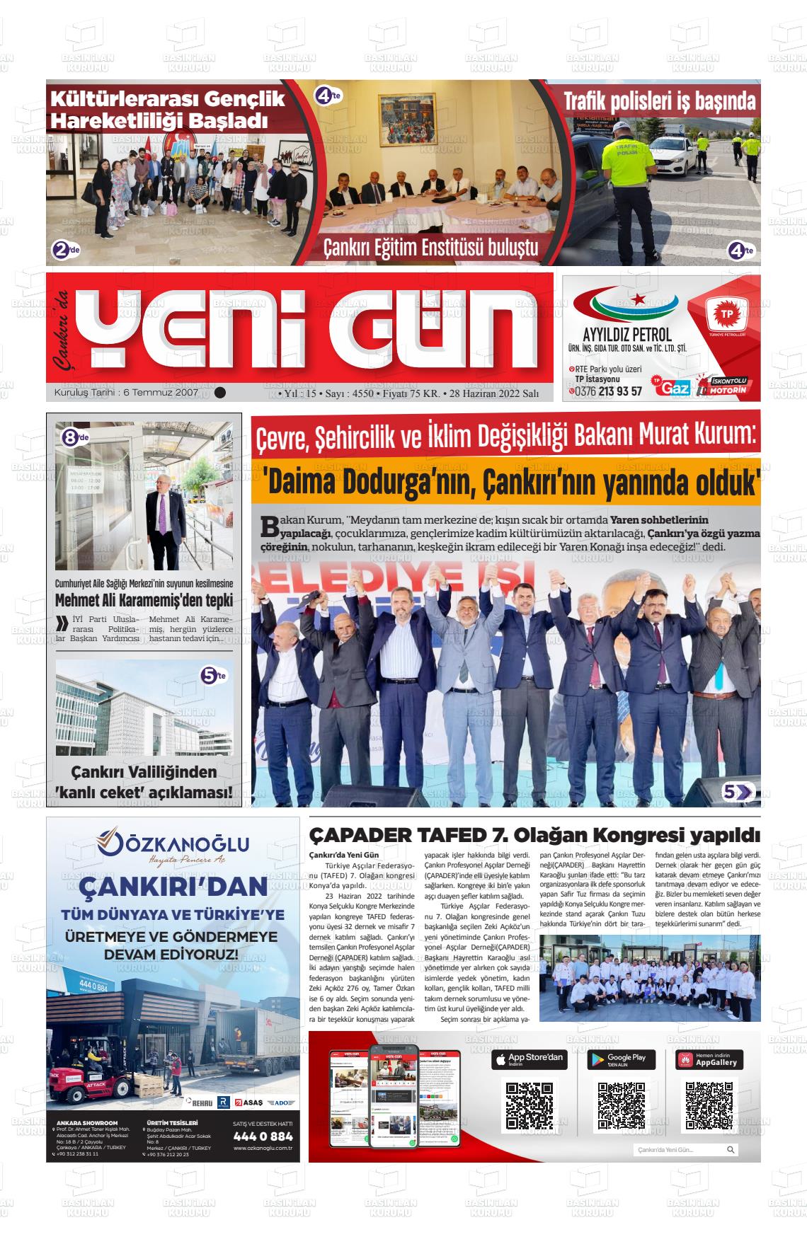28 Haziran 2022 Çankırıda Yenigün Gazete Manşeti