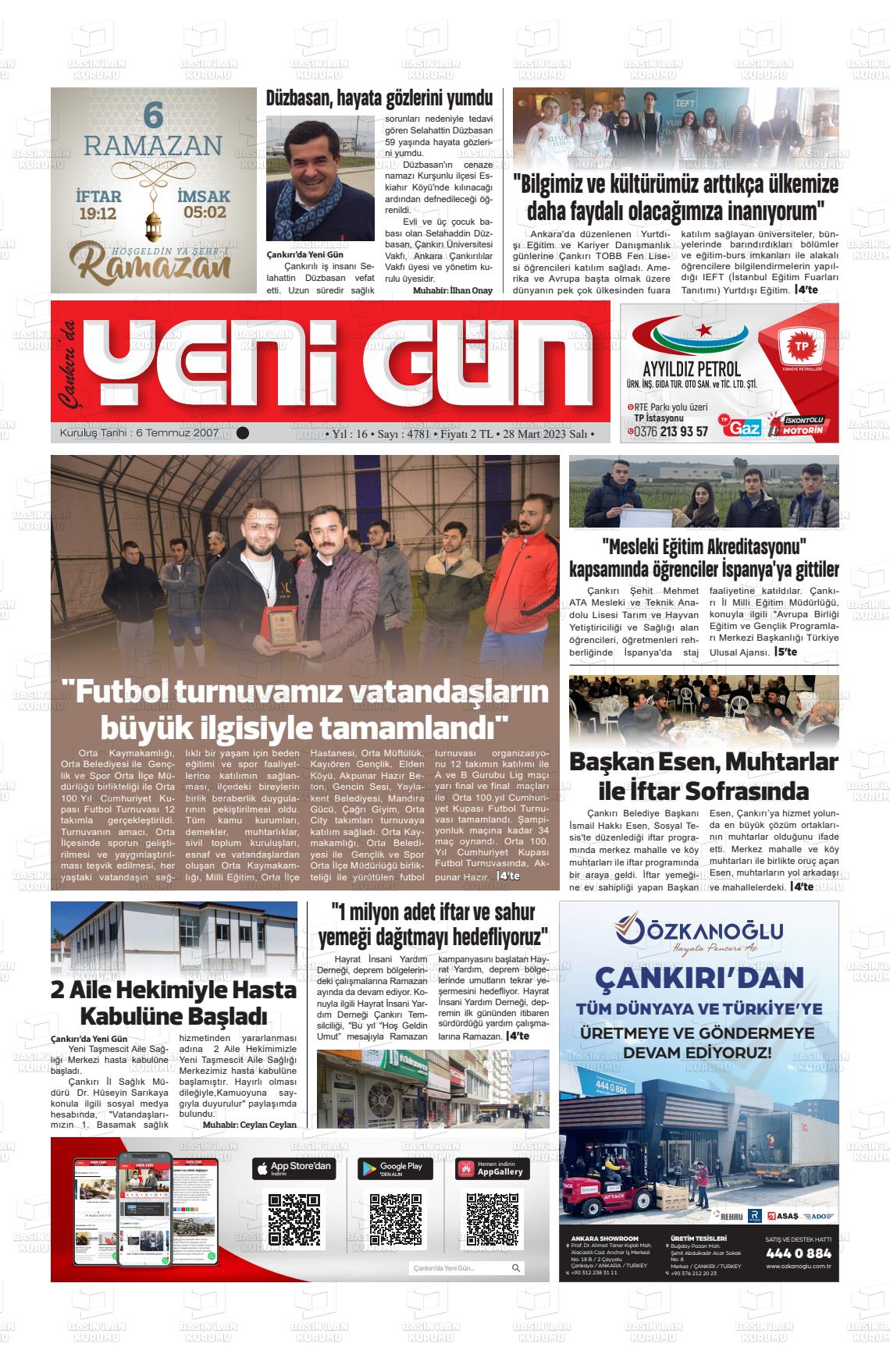 28 Mart 2023 Çankırıda Yenigün Gazete Manşeti