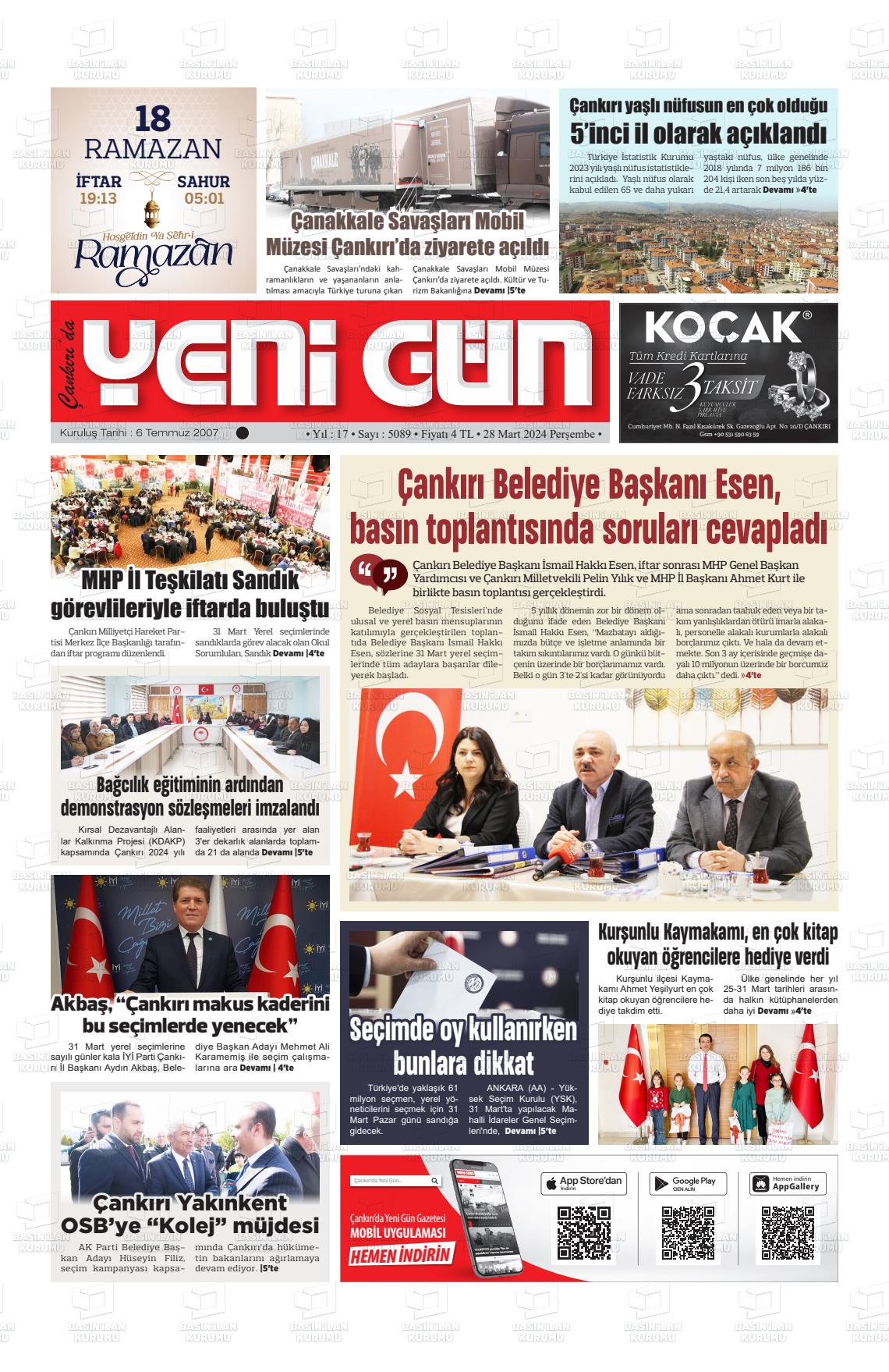 28 Mart 2024 Çankırıda Yenigün Gazete Manşeti