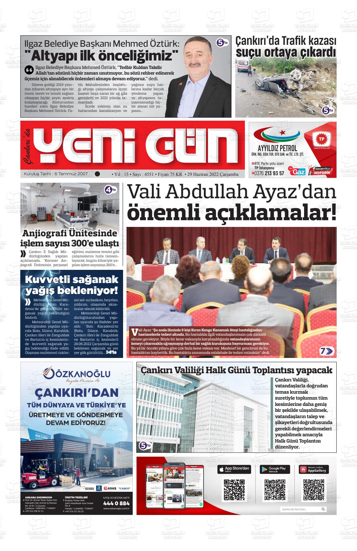 29 Haziran 2022 Çankırıda Yenigün Gazete Manşeti
