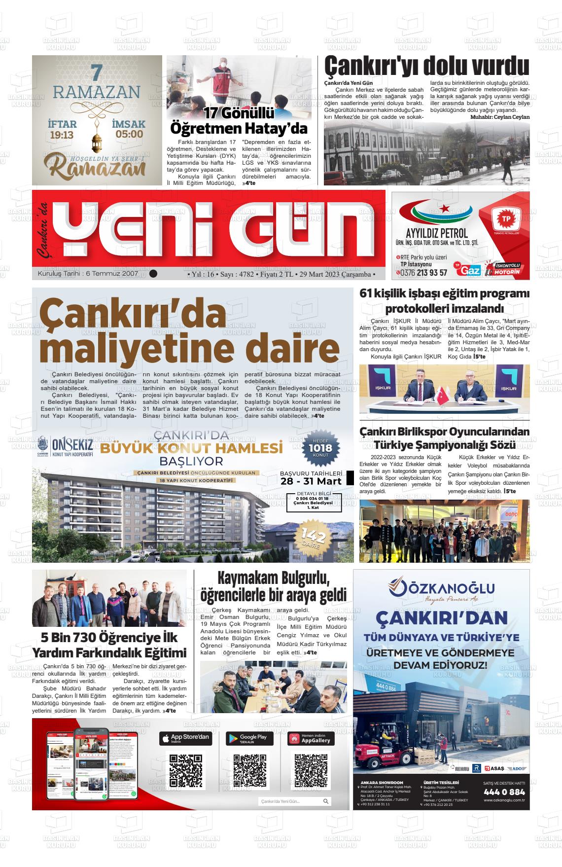 29 Mart 2023 Çankırıda Yenigün Gazete Manşeti