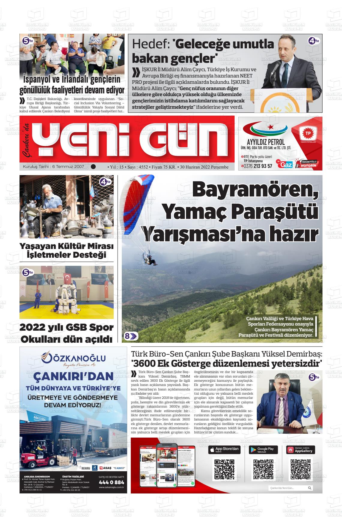 30 Haziran 2022 Çankırıda Yenigün Gazete Manşeti
