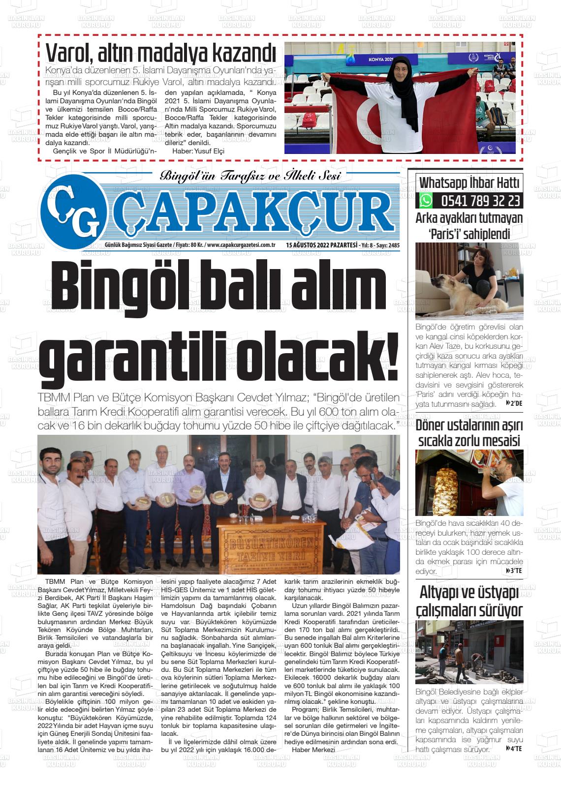 15 Ağustos 2022 Çapakçur Gazete Manşeti