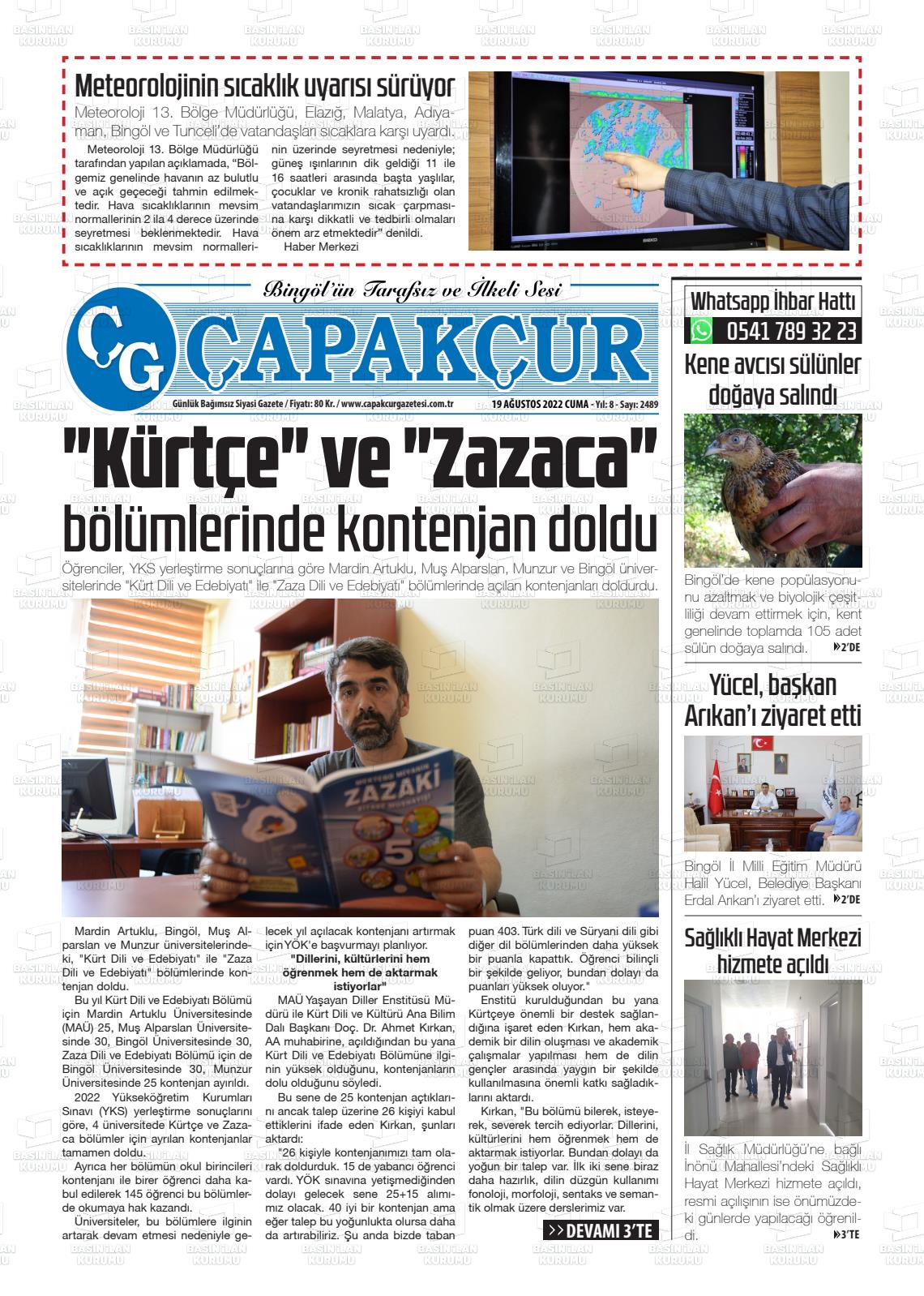 19 Ağustos 2022 Çapakçur Gazete Manşeti