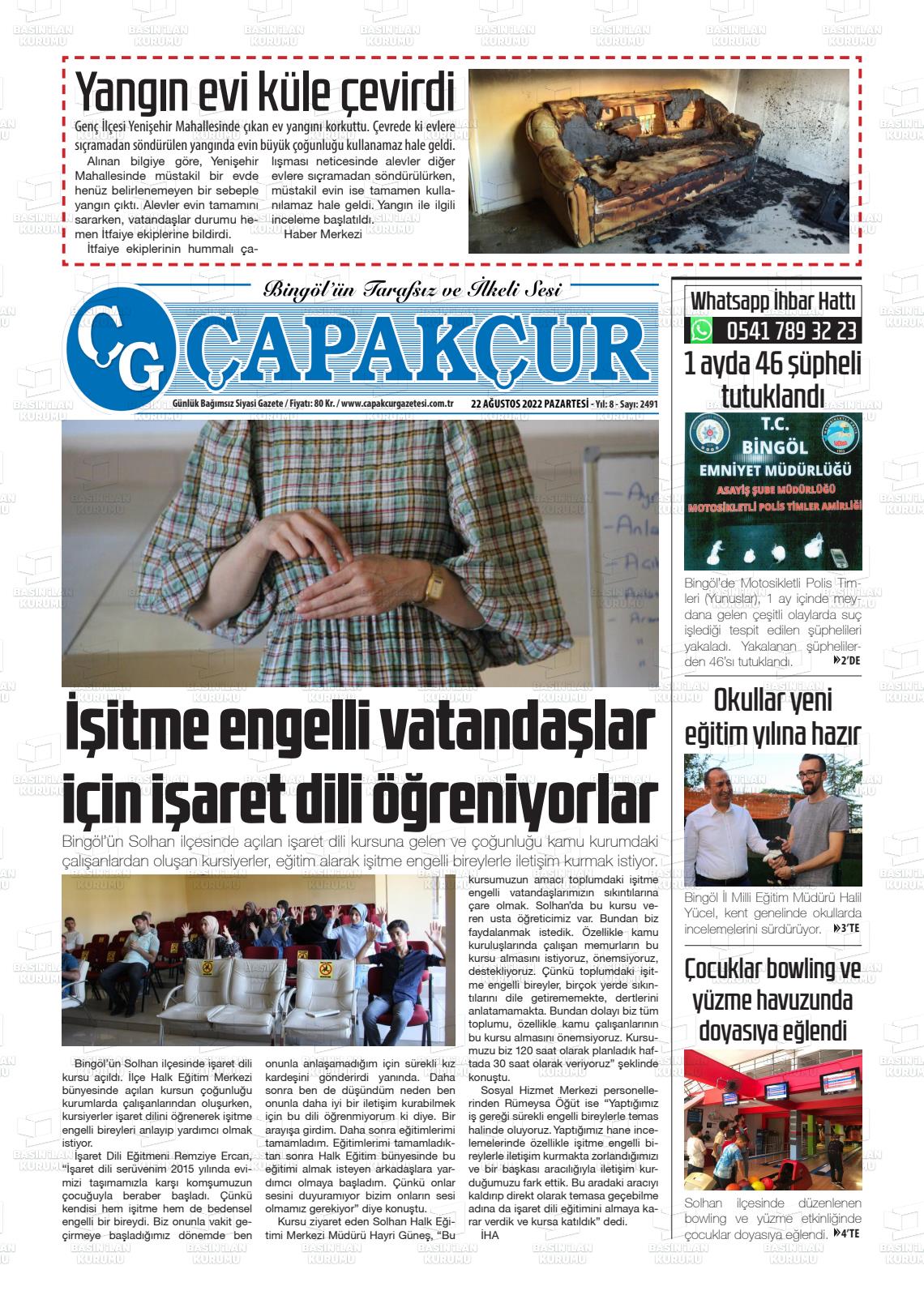 22 Ağustos 2022 Çapakçur Gazete Manşeti