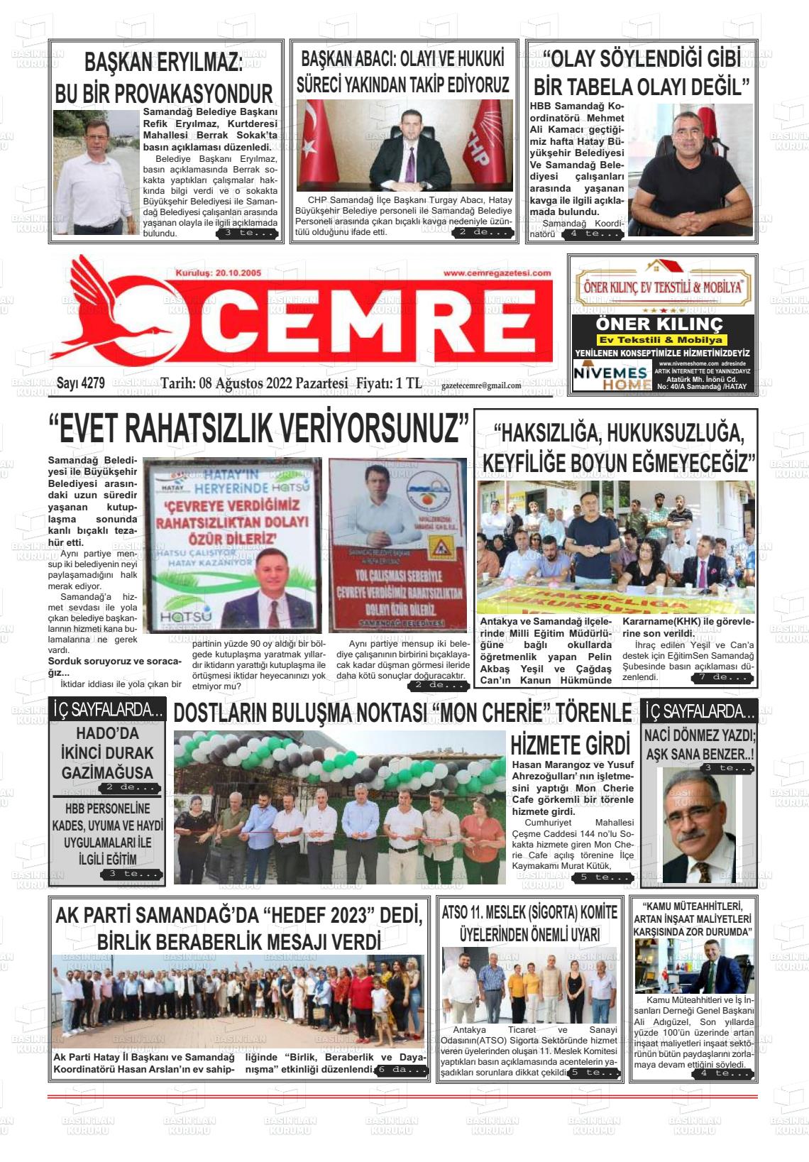 08 Ağustos 2022 Cemre Gazete Manşeti