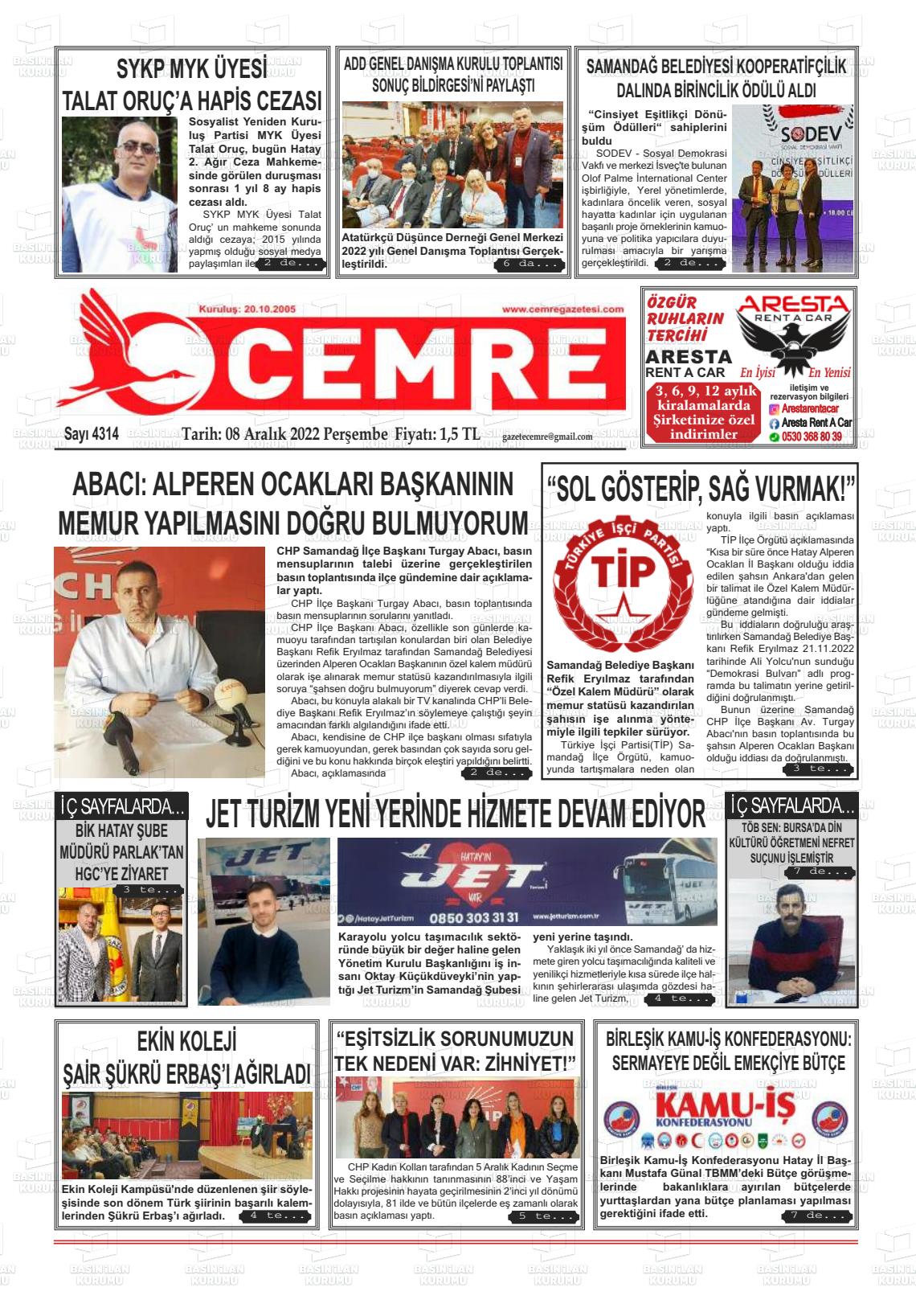 08 Aralık 2022 Cemre Gazete Manşeti