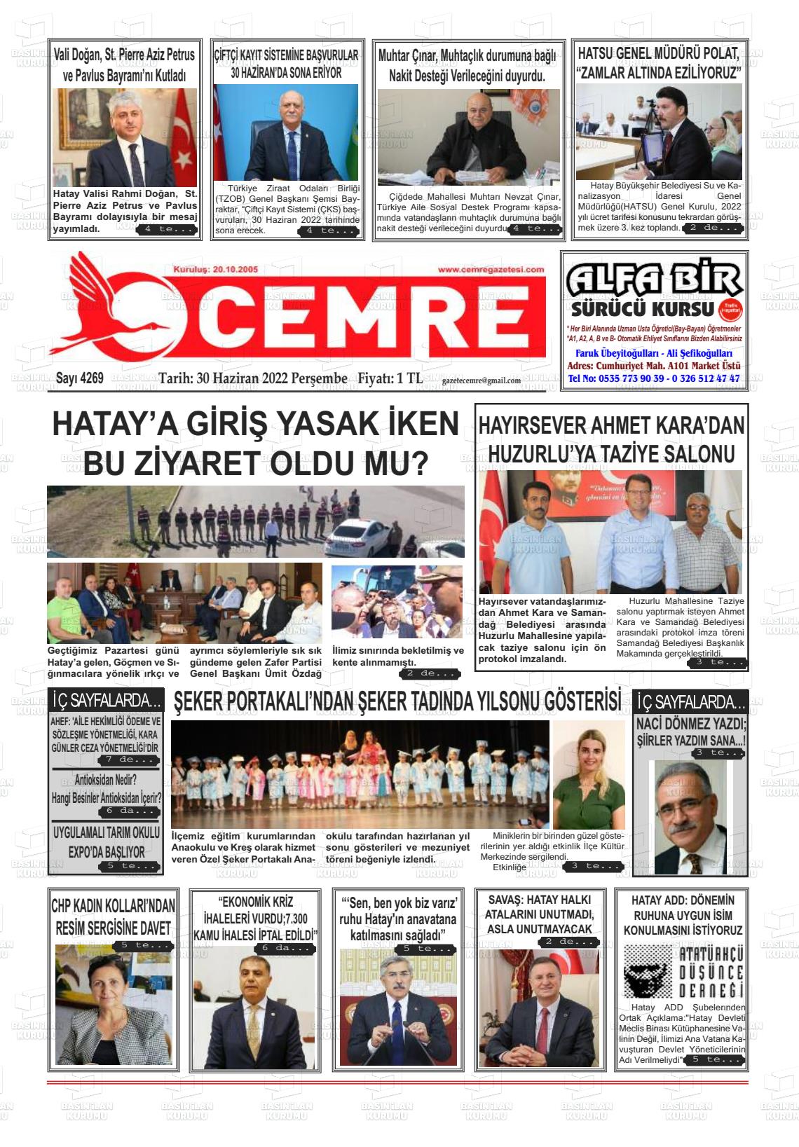 01 Temmuz 2022 Cemre Gazete Manşeti