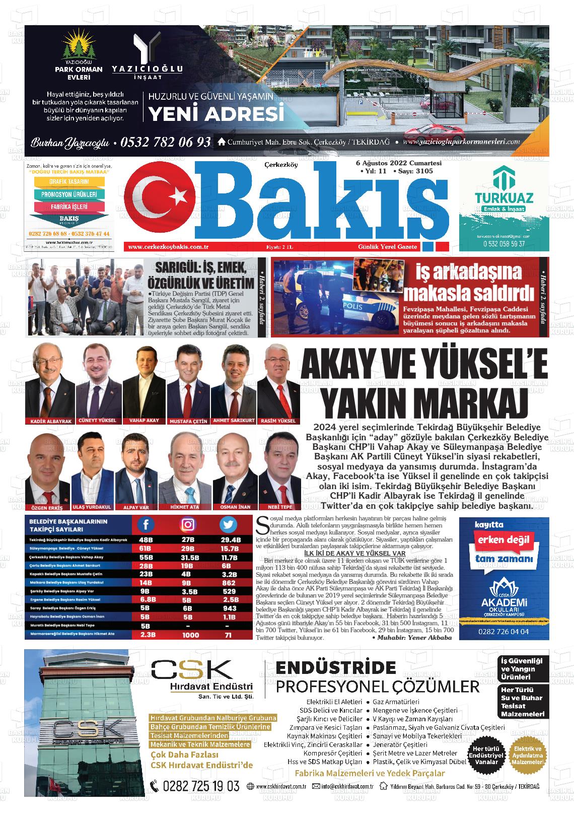 06 Ağustos 2022 Çerkezköy Bakış Gazete Manşeti