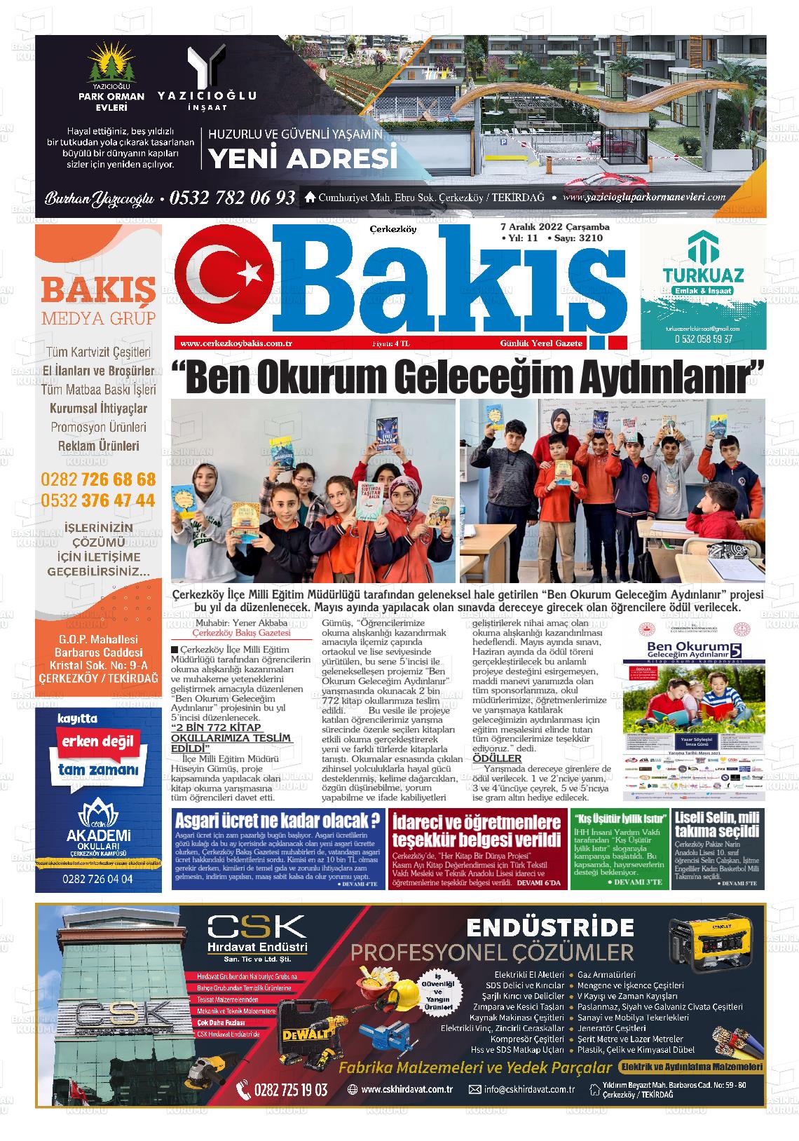 07 Aralık 2022 Çerkezköy Bakış Gazete Manşeti