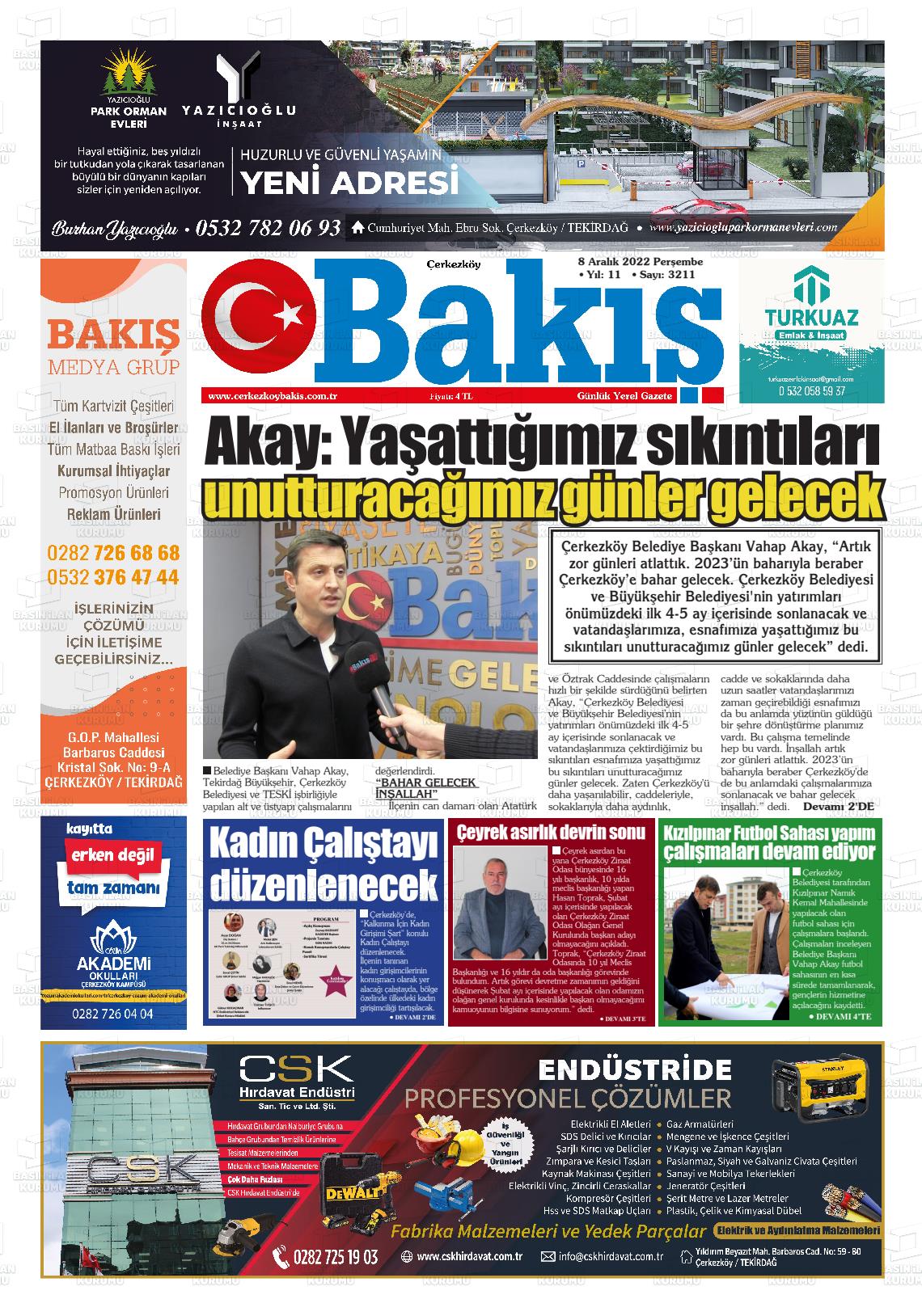 08 Aralık 2022 Çerkezköy Bakış Gazete Manşeti