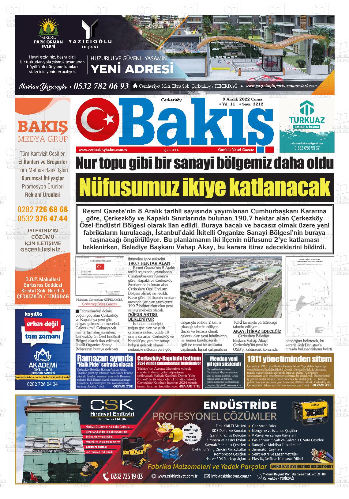 09 Aralık 2022 Çerkezköy Bakış Gazete Manşeti