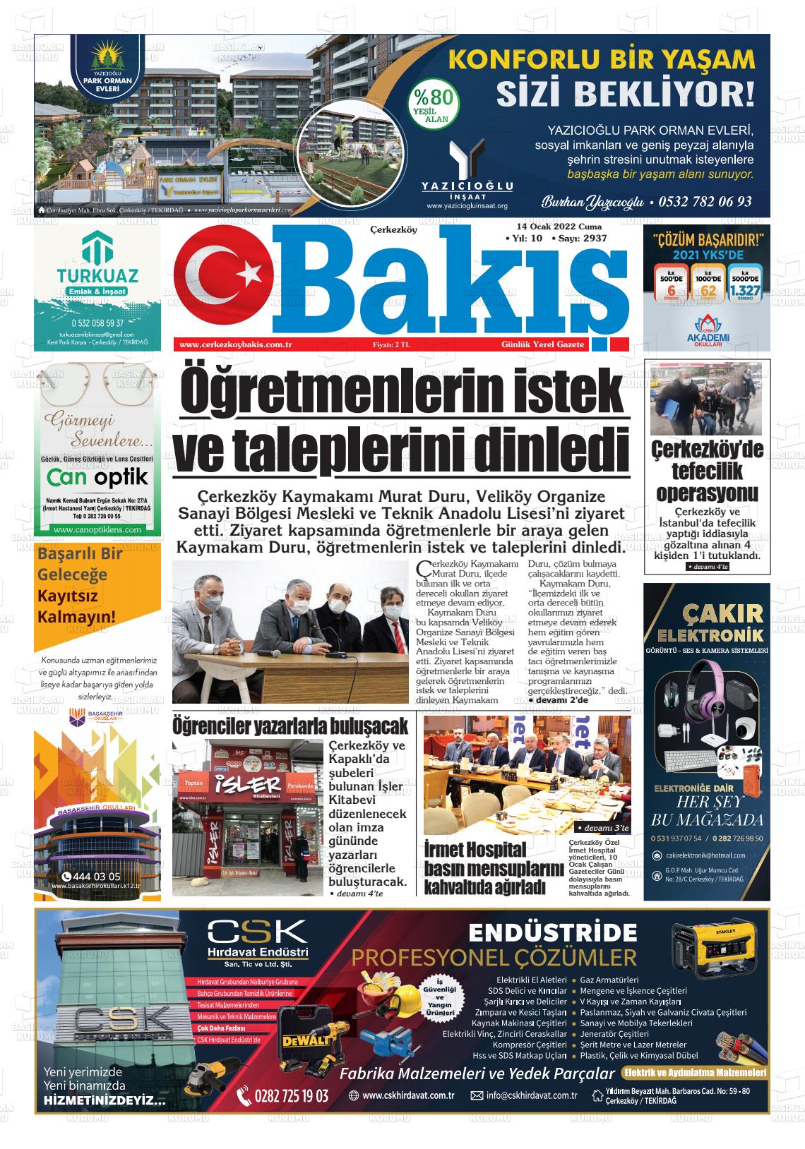 14 Ocak 2022 Çerkezköy Bakış Gazete Manşeti