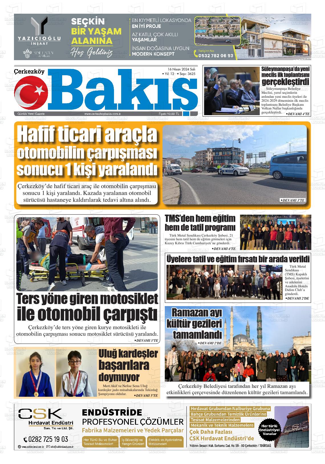 18 Nisan 2024 Çerkezköy Bakış Gazete Manşeti