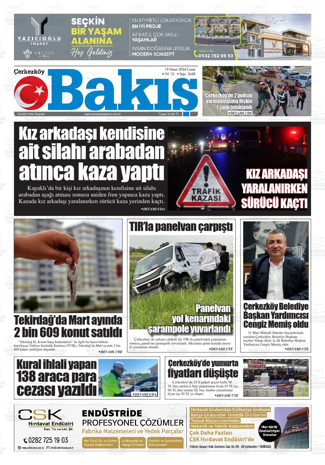 19 Nisan 2024 Çerkezköy Bakış Gazete Manşeti