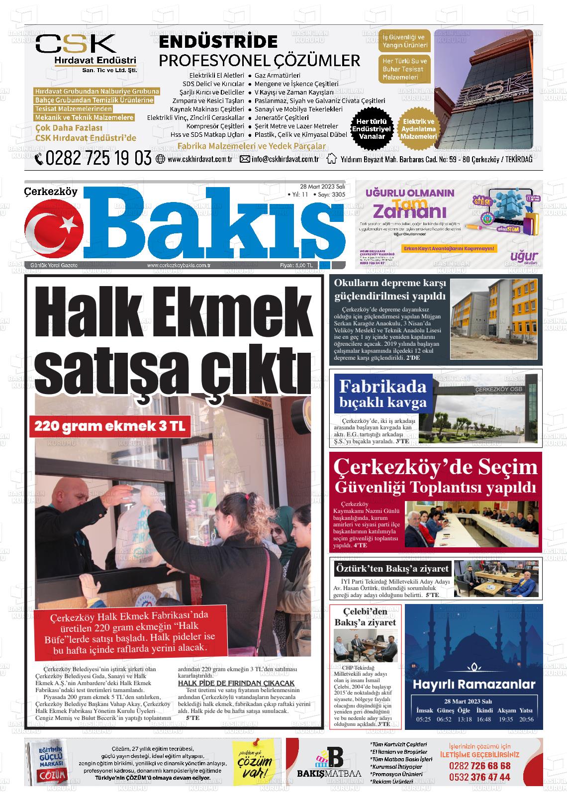 28 Mart 2023 Çerkezköy Bakış Gazete Manşeti