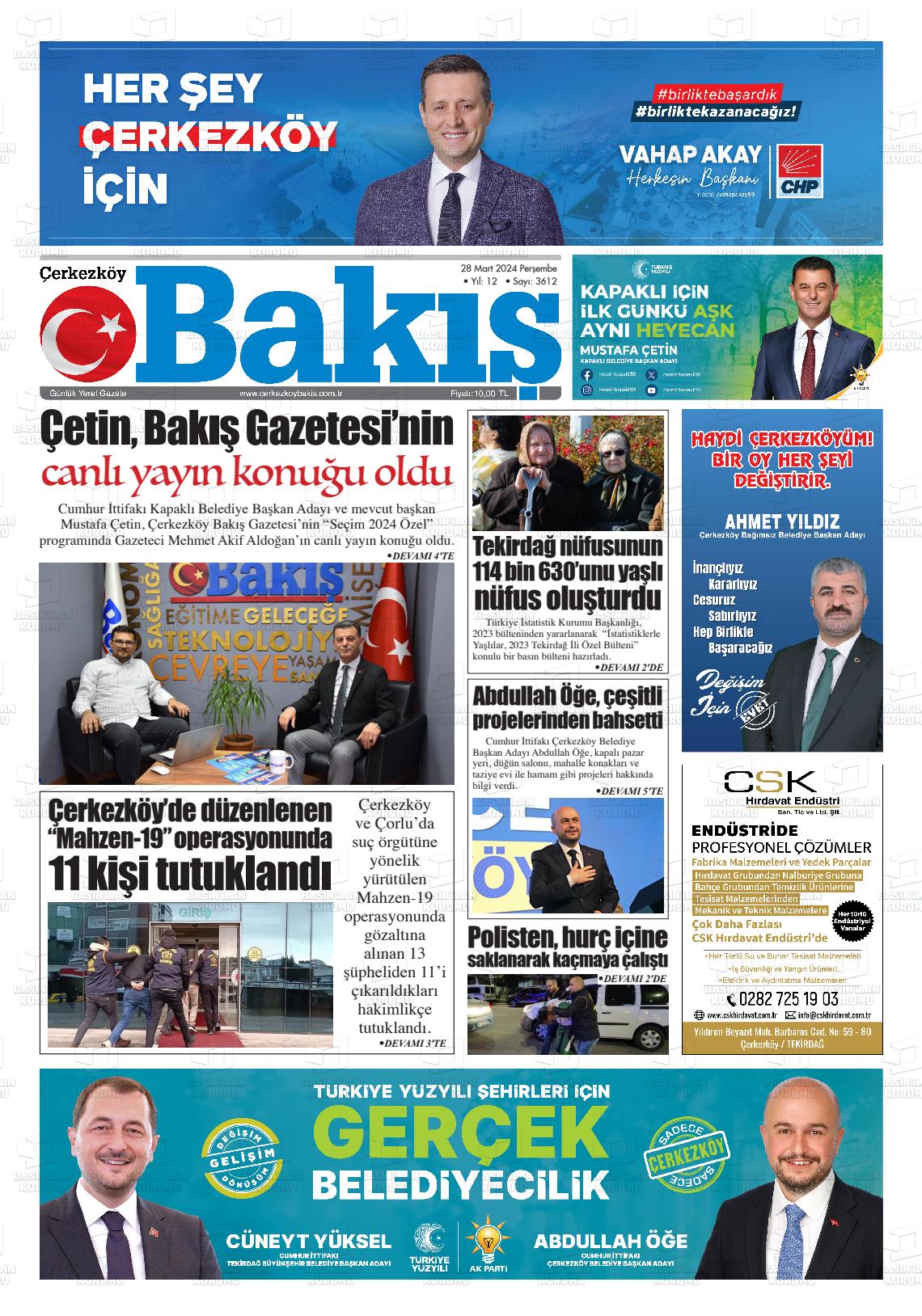 28 Mart 2024 Çerkezköy Bakış Gazete Manşeti