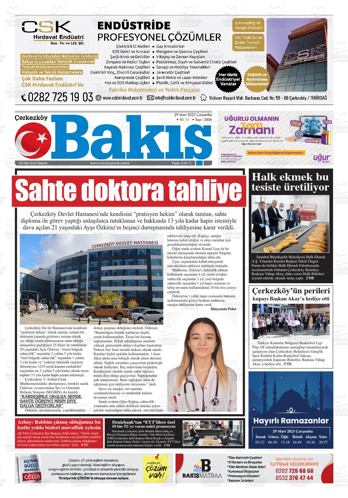 29 Mart 2023 Çerkezköy Bakış Gazete Manşeti