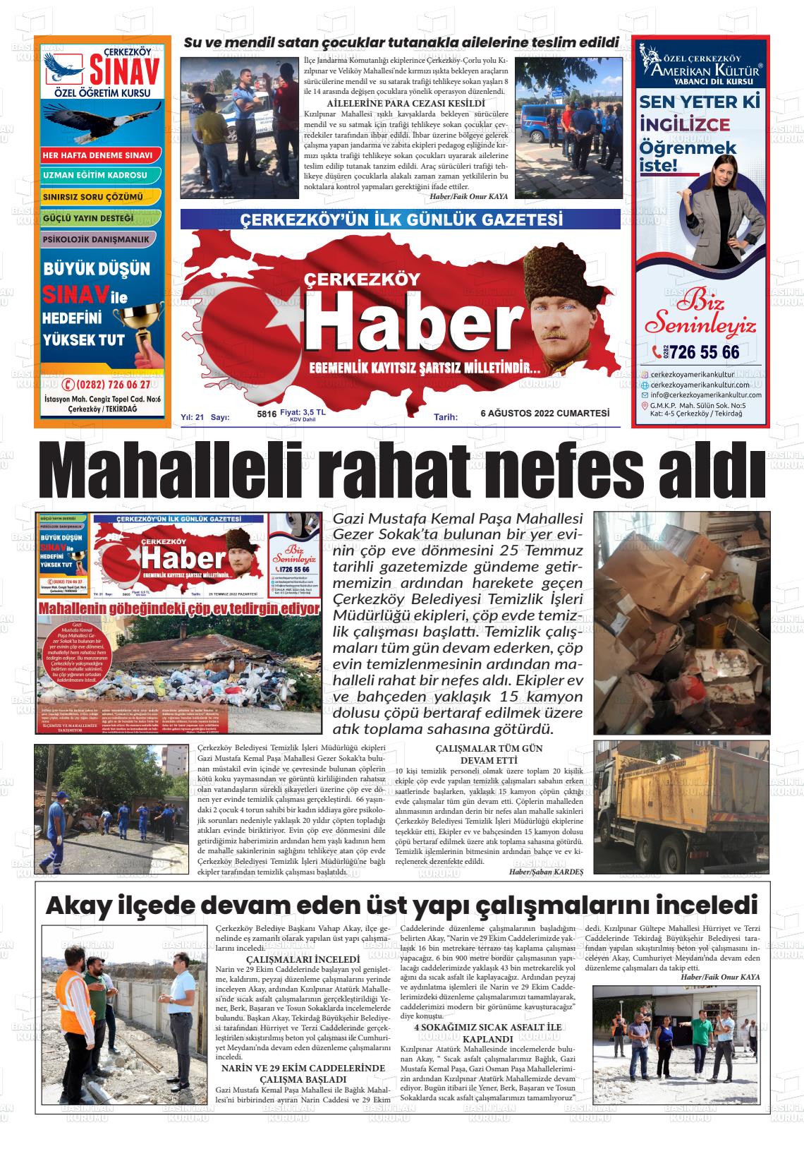 06 Ağustos 2022 Çerkezköy Haber Gazete Manşeti