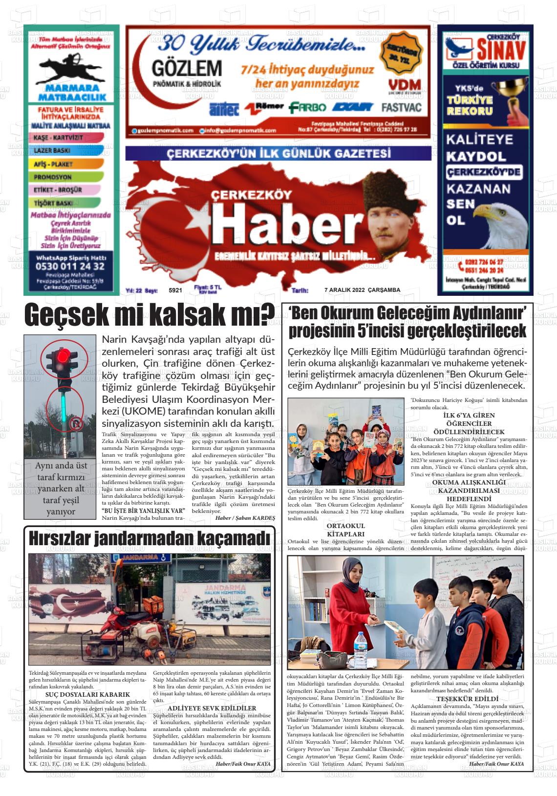 07 Aralık 2022 Çerkezköy Haber Gazete Manşeti