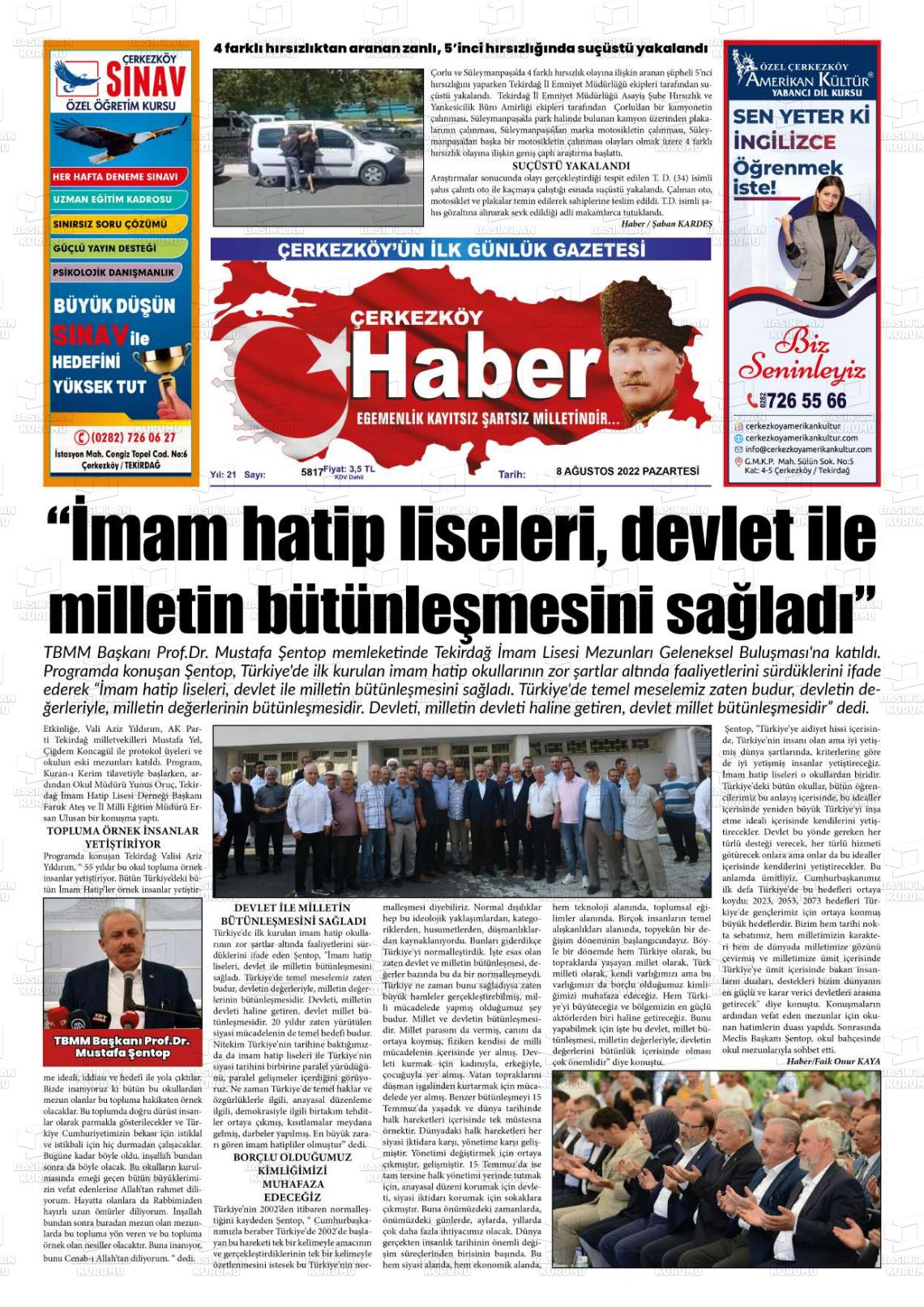 08 Ağustos 2022 Çerkezköy Haber Gazete Manşeti
