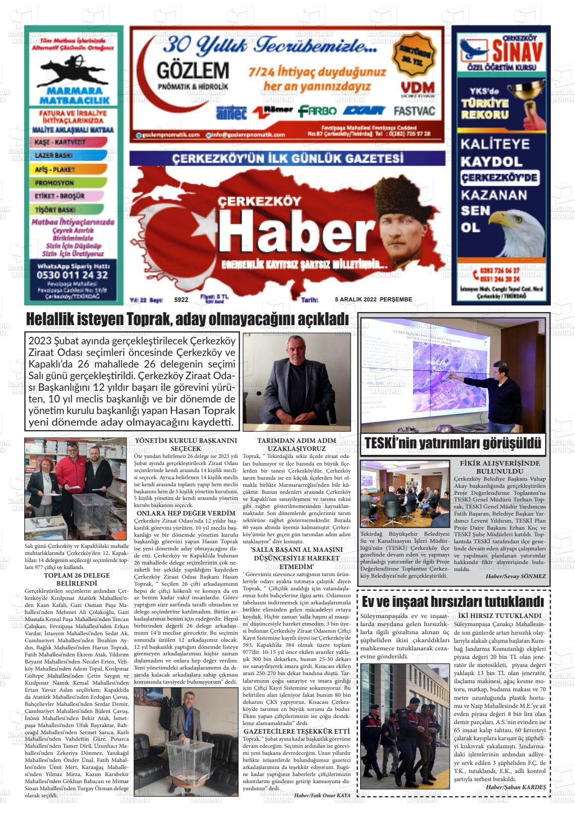 08 Aralık 2022 Çerkezköy Haber Gazete Manşeti