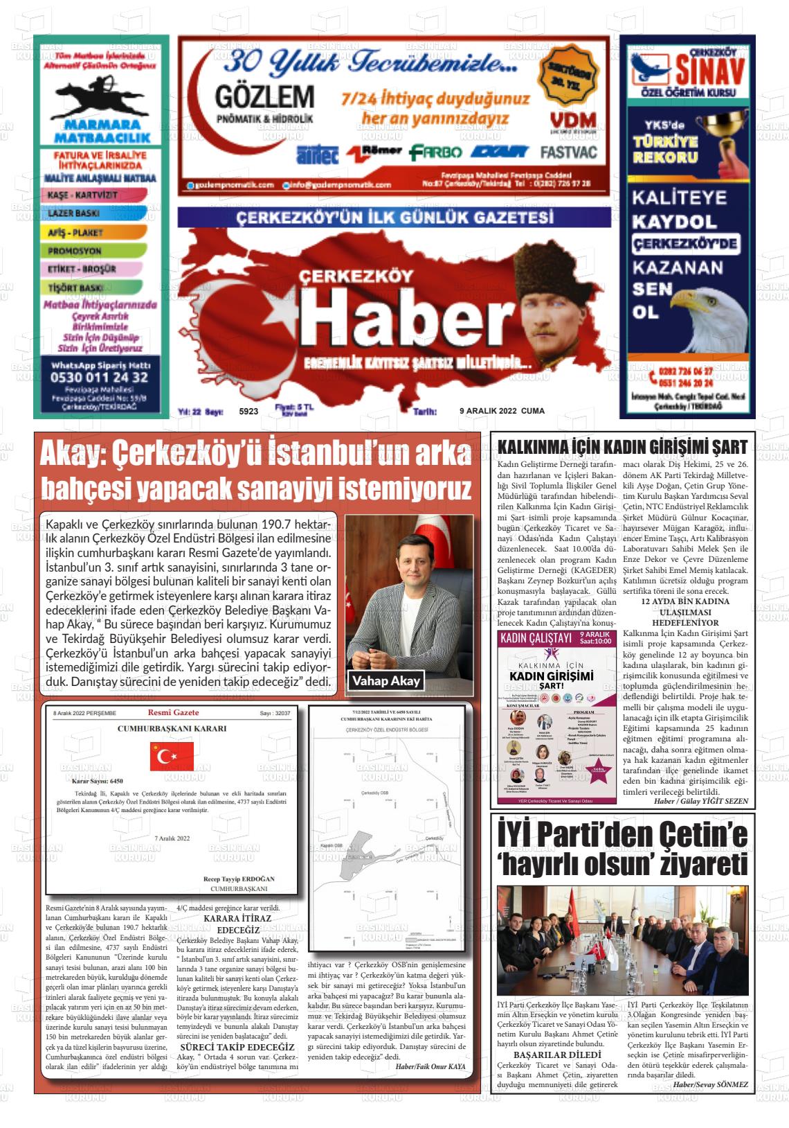 09 Aralık 2022 Çerkezköy Haber Gazete Manşeti